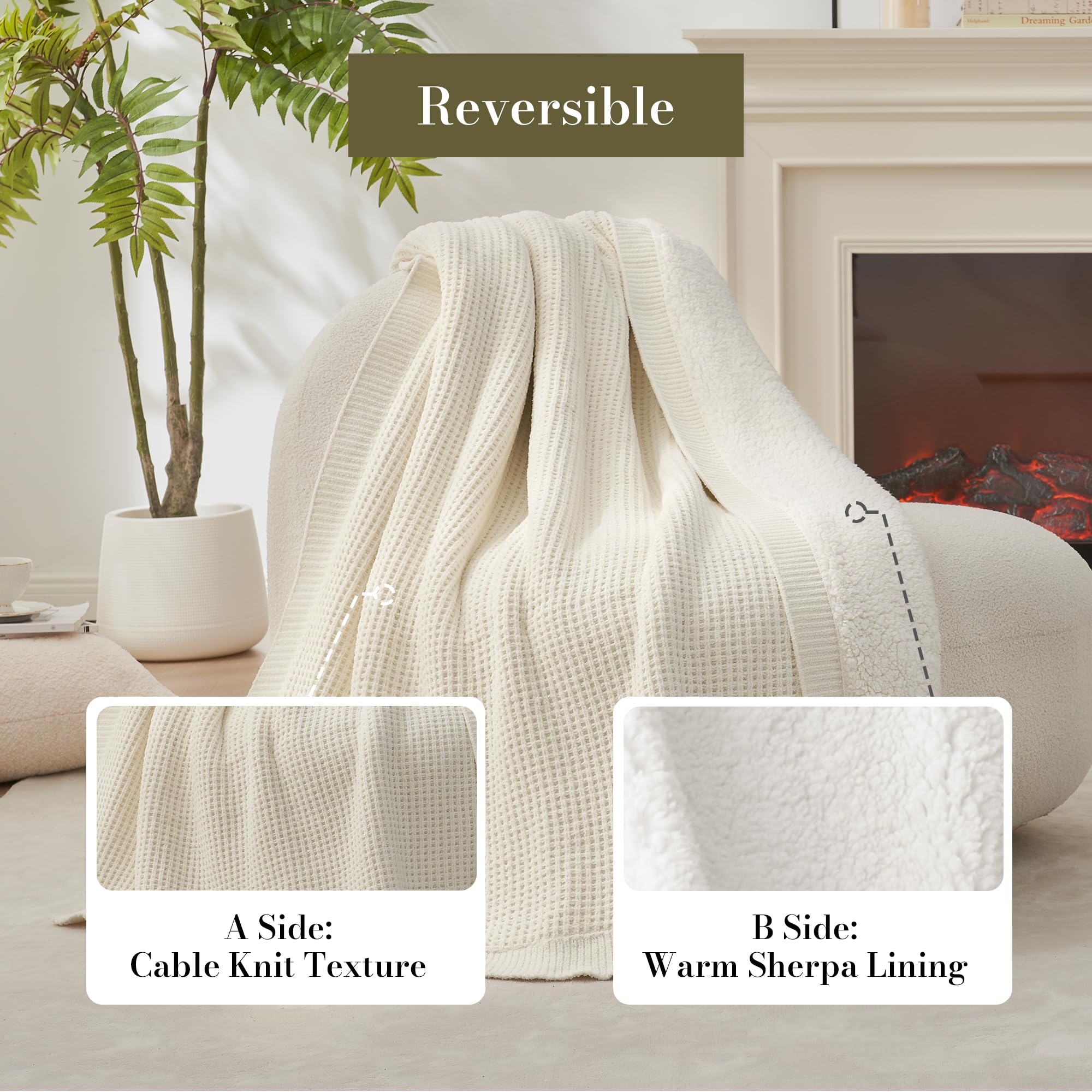 Amélie Home Cable Knit Throw Blanket for Couch, Chenille Sherpa Soft Cozy Throw Blankets for Sofa Chair Comfortable Home, 50"x60", Gray