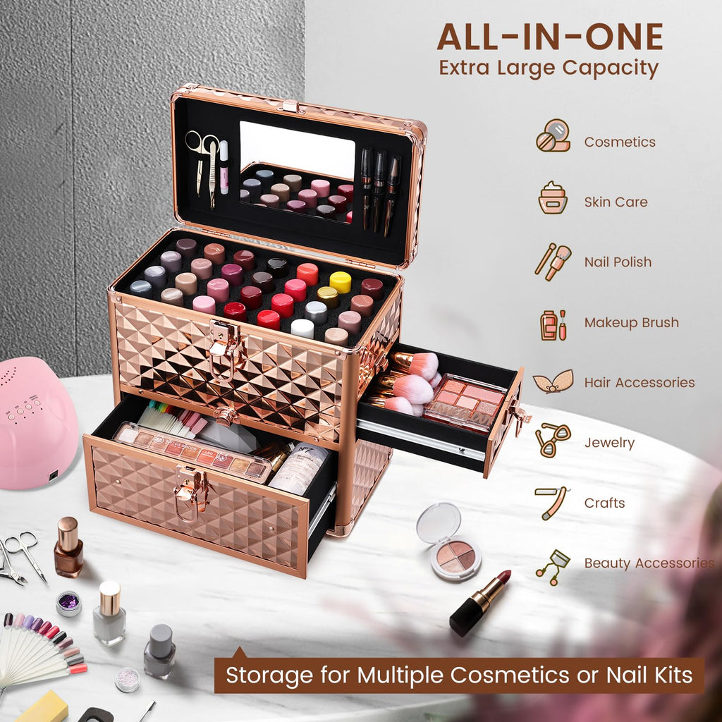 Frenessa Nail Polish Makeup Train Case with Drawer and Dividers Manicure Organizer Accessory Storage Makeup Box With Mirror Lockable Keys Nail Kit Organizer Cosmetic Case Jewelry Box - Black