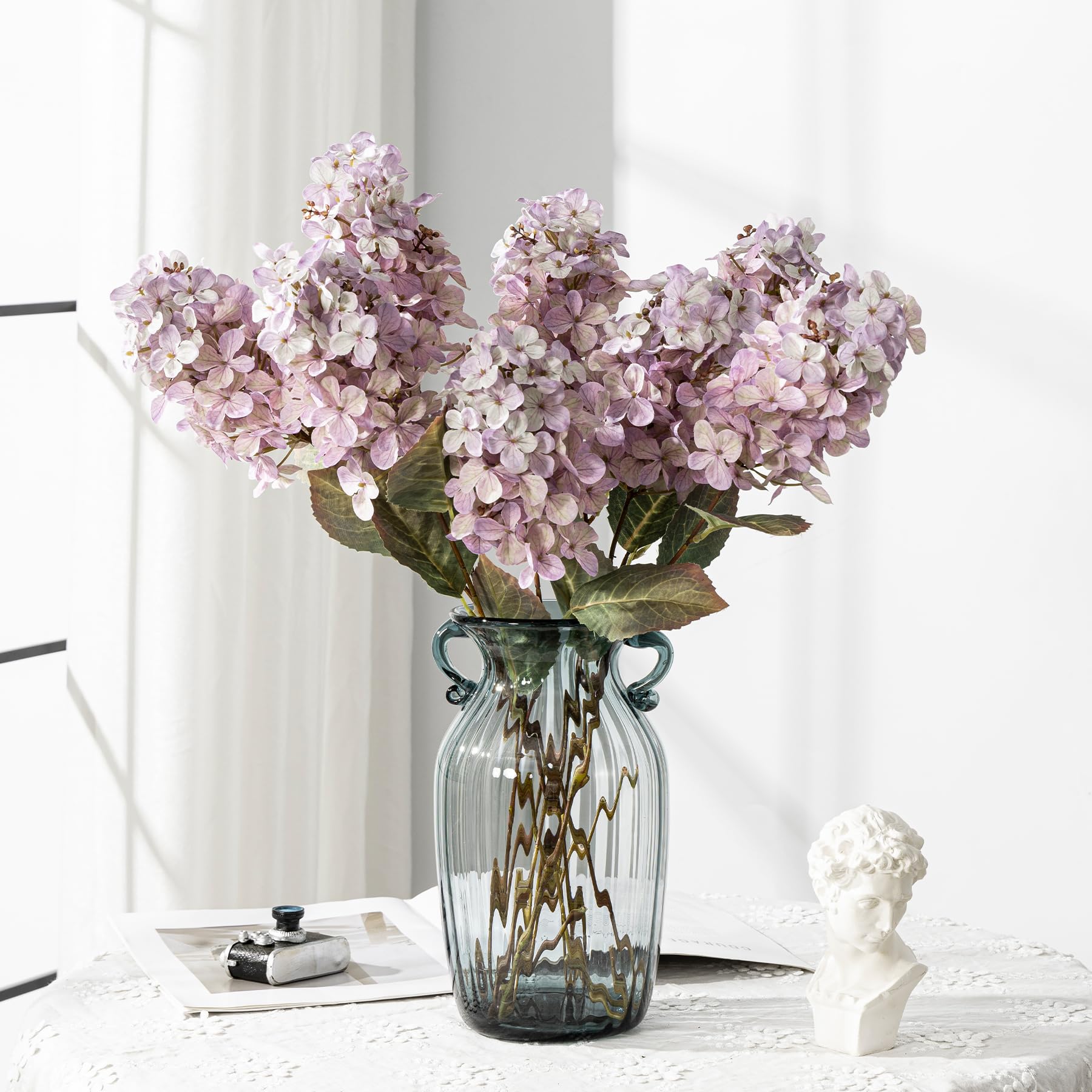 Ttranewsoo Hydrangea Artificial Flowers,Fall Hydrangeas Artificial Flowers,Blue Fake Fall Dried Hydrangea Flowers Decoration,Faux Silk Flower with Stems Winter Decor(Blue 24" 8pcs) Without Vase