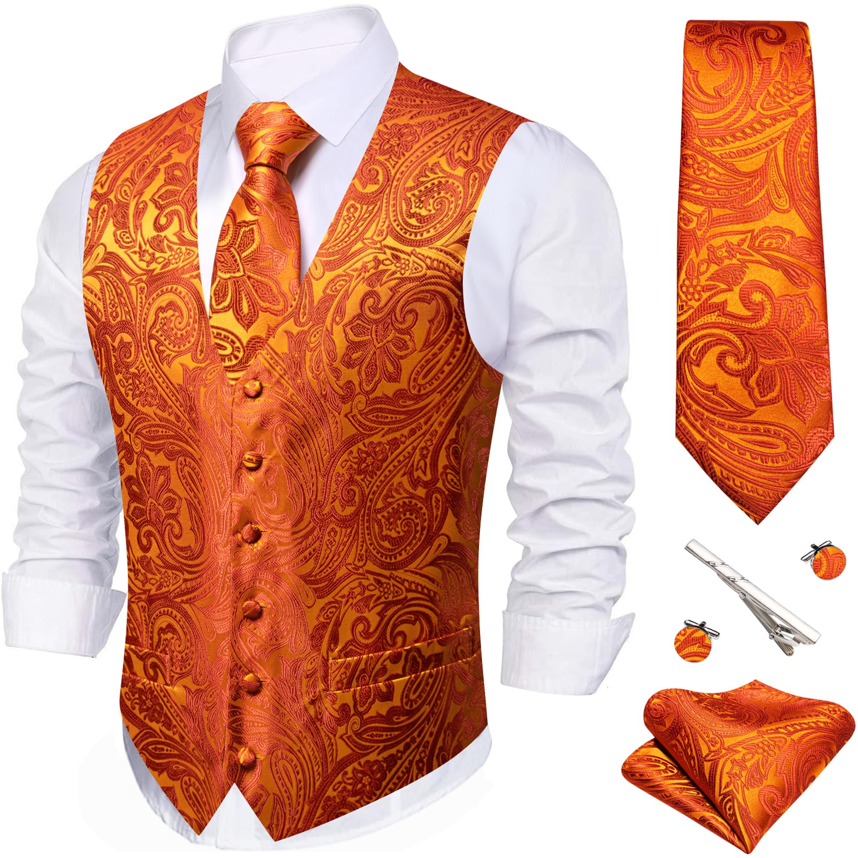 Barry.Wang Men's Suit Vest Formal/Leisure Paisley Jacquard Silk Tie Pocket Square Waistcoat Set Wedding 5PCS