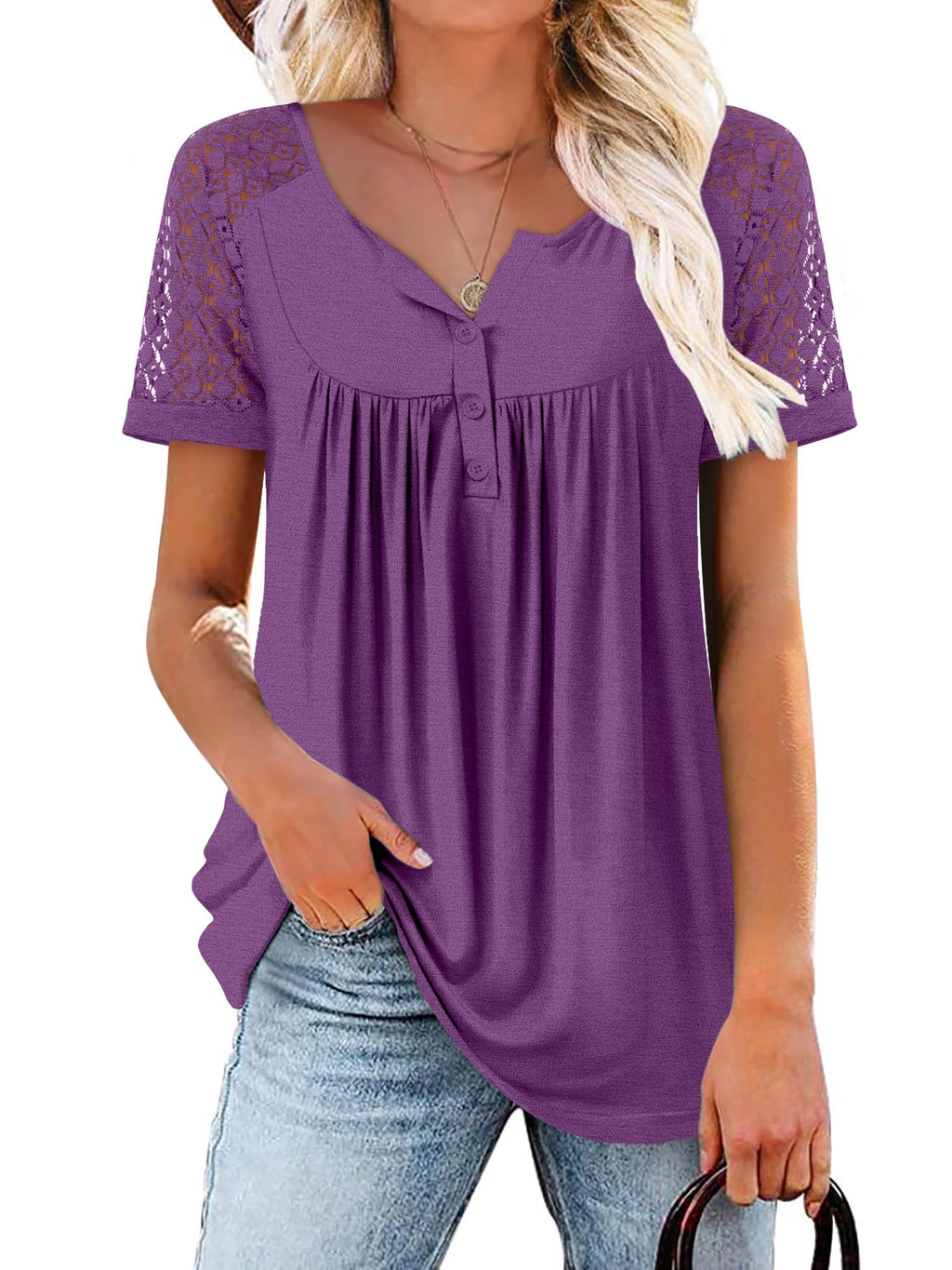 Mystry Zone Womens Henley V Neck Casual Blouse Button Down T Shirts Flare and Flowy Tops
