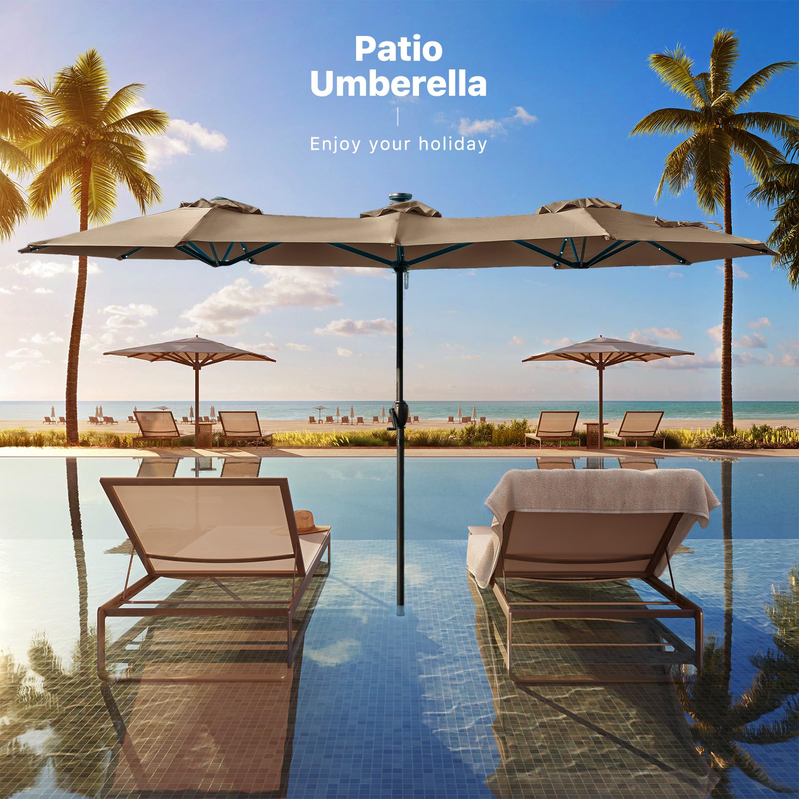 FREE SOLDIER 13ft Patio Umbrella Double Sided Outdoor Umbrella for Patio Table Umbrella with Solar lights for Garden Yard Pool (Beige)