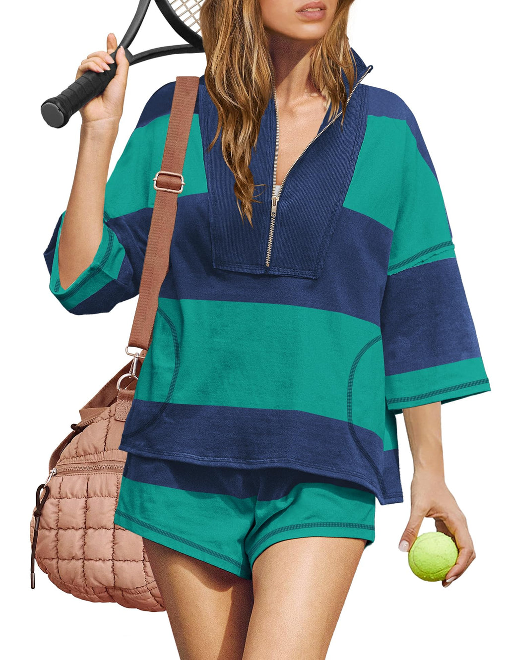 ReachMe Womens Workout Striped Short Sets 2 Piece Outfits Summer Matching Lounge Sets Top and Shorts with Pockets