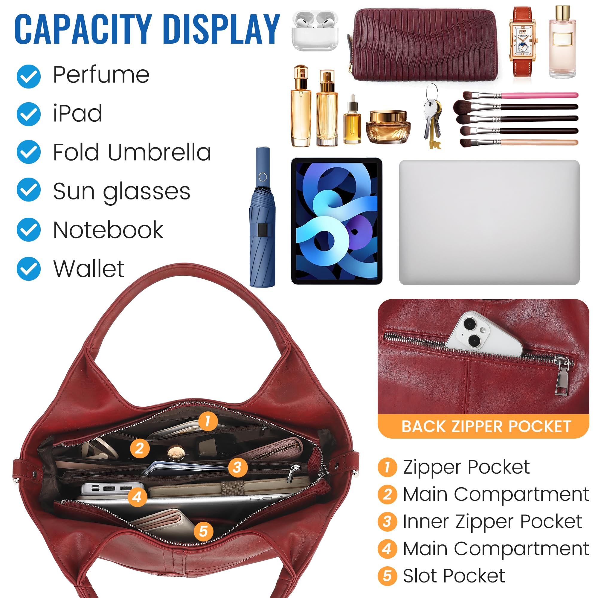 KOGTLA Medium Vegan Leather Purses for Women with Detachable Satchel Strap, Ladies Handbags, Tote Hobo Bags with Two-Handle
