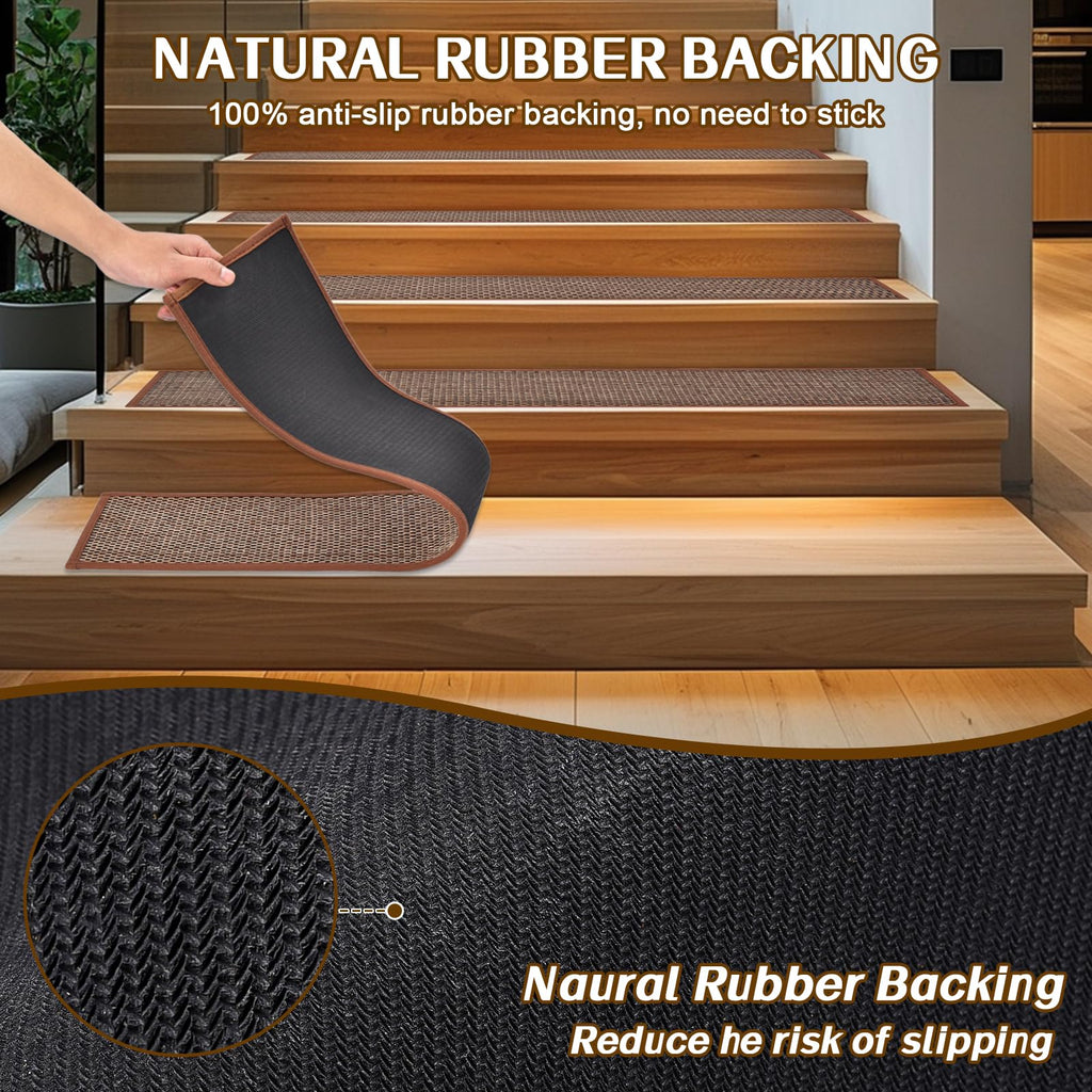 Non Slip Stair Treads for Wooden Steps, Square Rubber Backing Non Slip Stair Landing Mat, Thicken Linen Carpet Stair Runners Indoor, No Residue Stair Carpet Treads, 29"x29", Beige