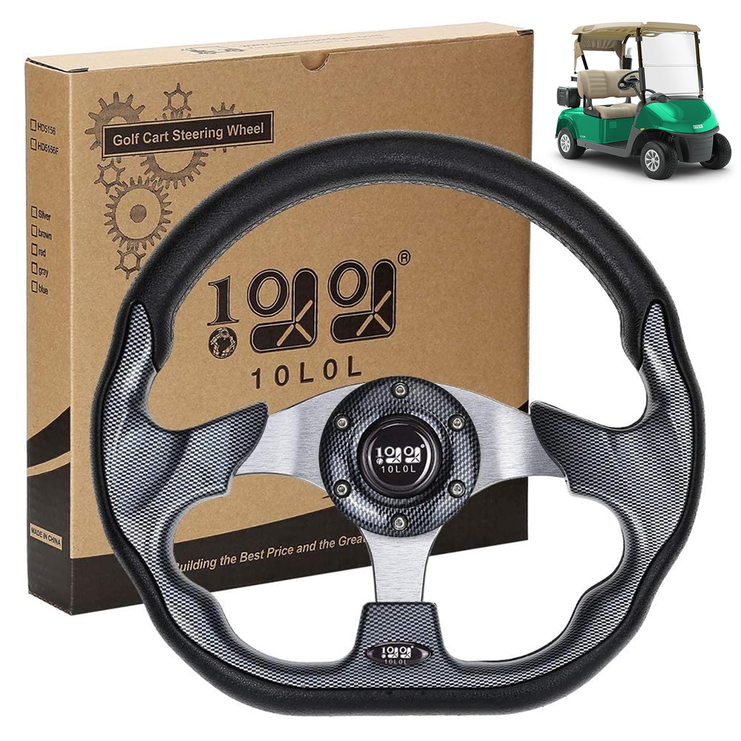 10L0L Golf Cart Steering Wheel, 13' Universal Fit for EZGO TXT/RXV, Club Car DS/Precedent, Yamaha G2-G29 (Carbon Black)
