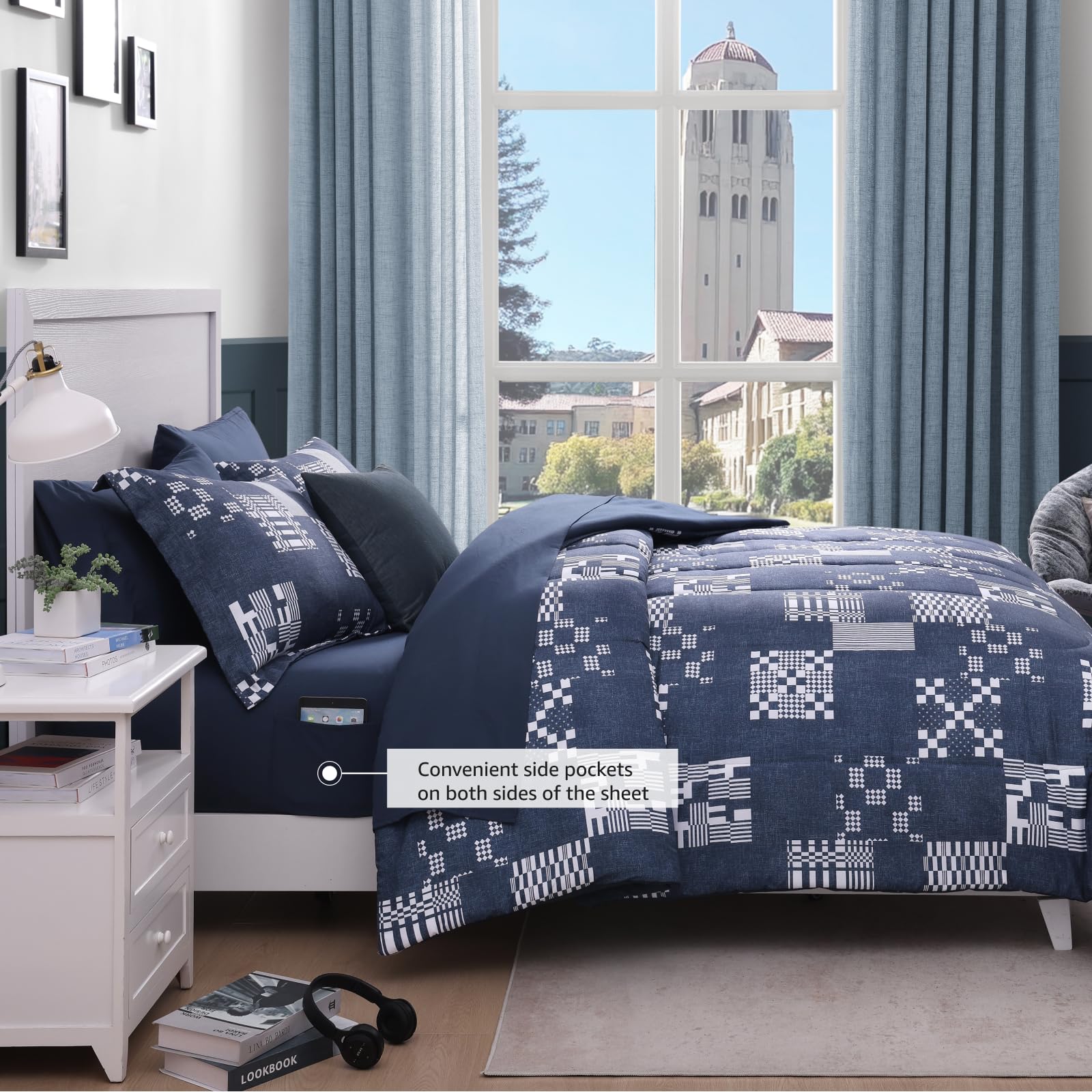 AMBERSPACE Plaid Twin XL Comforter Set Black, Reversible Checkered Bedding Set 5 Pieces for Boys Girls Teen, Lightweight Bed in a Bag for Dorm with Sheets, Pillowcase & Sham