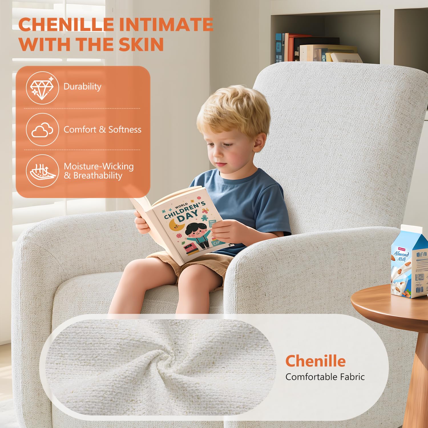 Power Recliner Chair, Swivel Rocker Recliner w/USB & Type-C Charging Ports, Chenille Upholstered Swivel Rocker Glider Recliner for Nursery,Living Room, Bedroom, 1PC, Cream