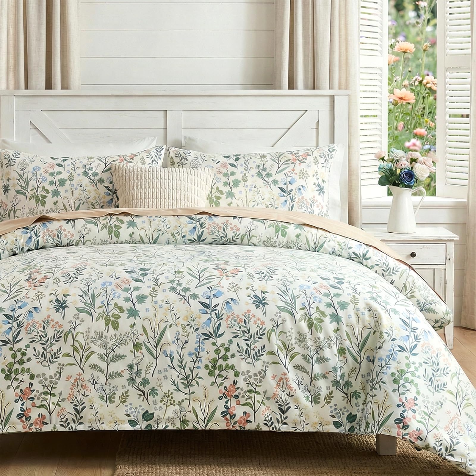 100% Natural Cotton Comforter Set Queen 3 Pcs Grayish Blue Bedding Sets with Luxurious Damask Pattern, Reversible Breathable Soft Comforter Sets for All Season