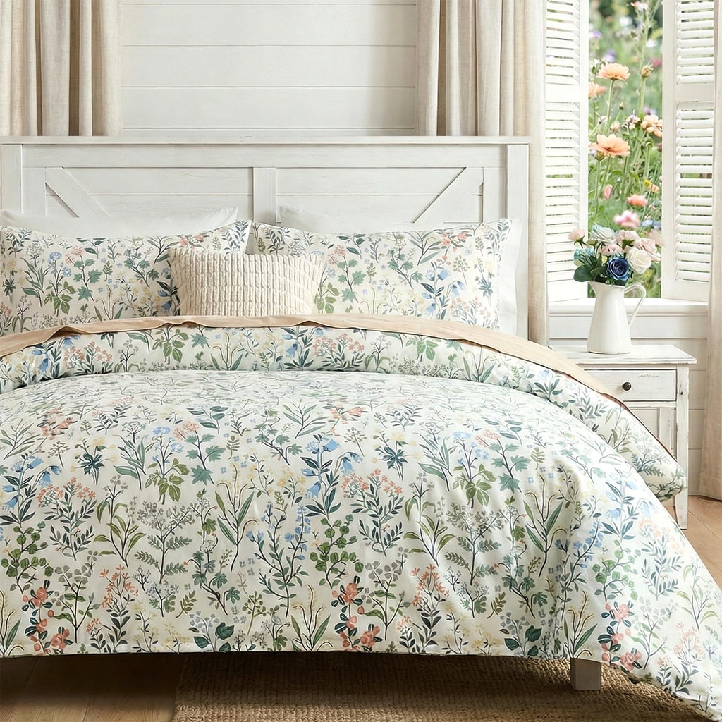100% Natural Cotton Comforter Set Queen 3 Pcs Grayish Blue Bedding Sets with Luxurious Damask Pattern, Reversible Breathable Soft Comforter Sets for All Season