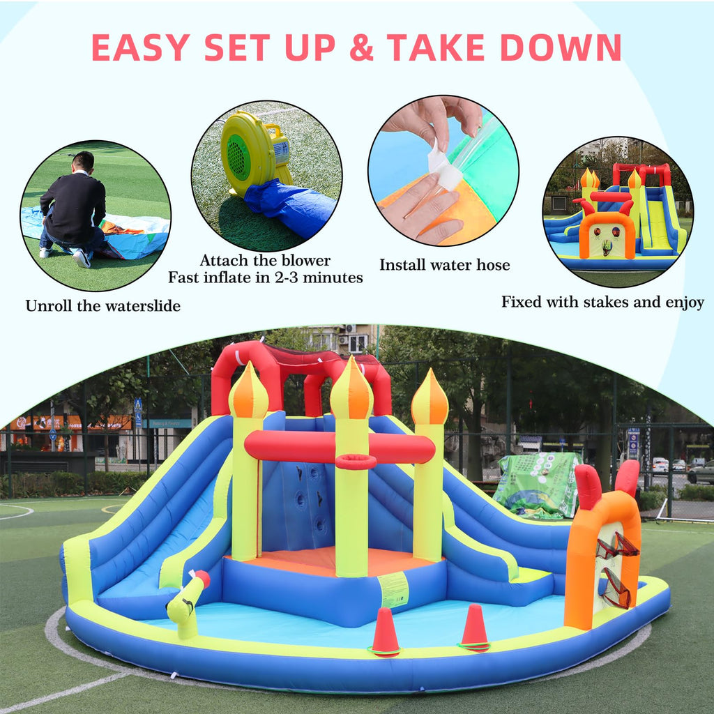 Blow Up Water Slides Two Long Slides Jumping Bouncy Castle for Kids Outdoor Inflatable Bounce House with 680W Blower for Kids Backyard