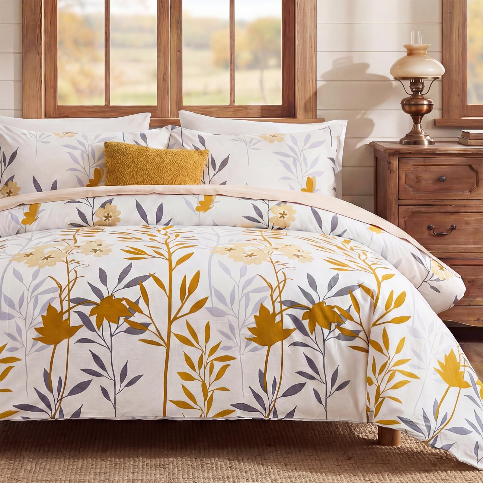 100% Natural Cotton Comforter Set Queen 3 Pcs Grayish Blue Bedding Sets with Luxurious Damask Pattern, Reversible Breathable Soft Comforter Sets for All Season