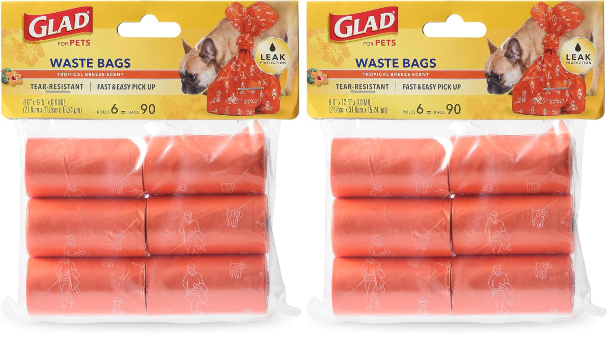 Glad for Pets Heavy Duty Dog Poop Bags, Scented Leak-Resistant Waste Bags with Fun Print Design, Tear-Resistant for Confident Pickup, Fits Standard Dispensers, 6 Rolls, 90 Count (Pack of 2)