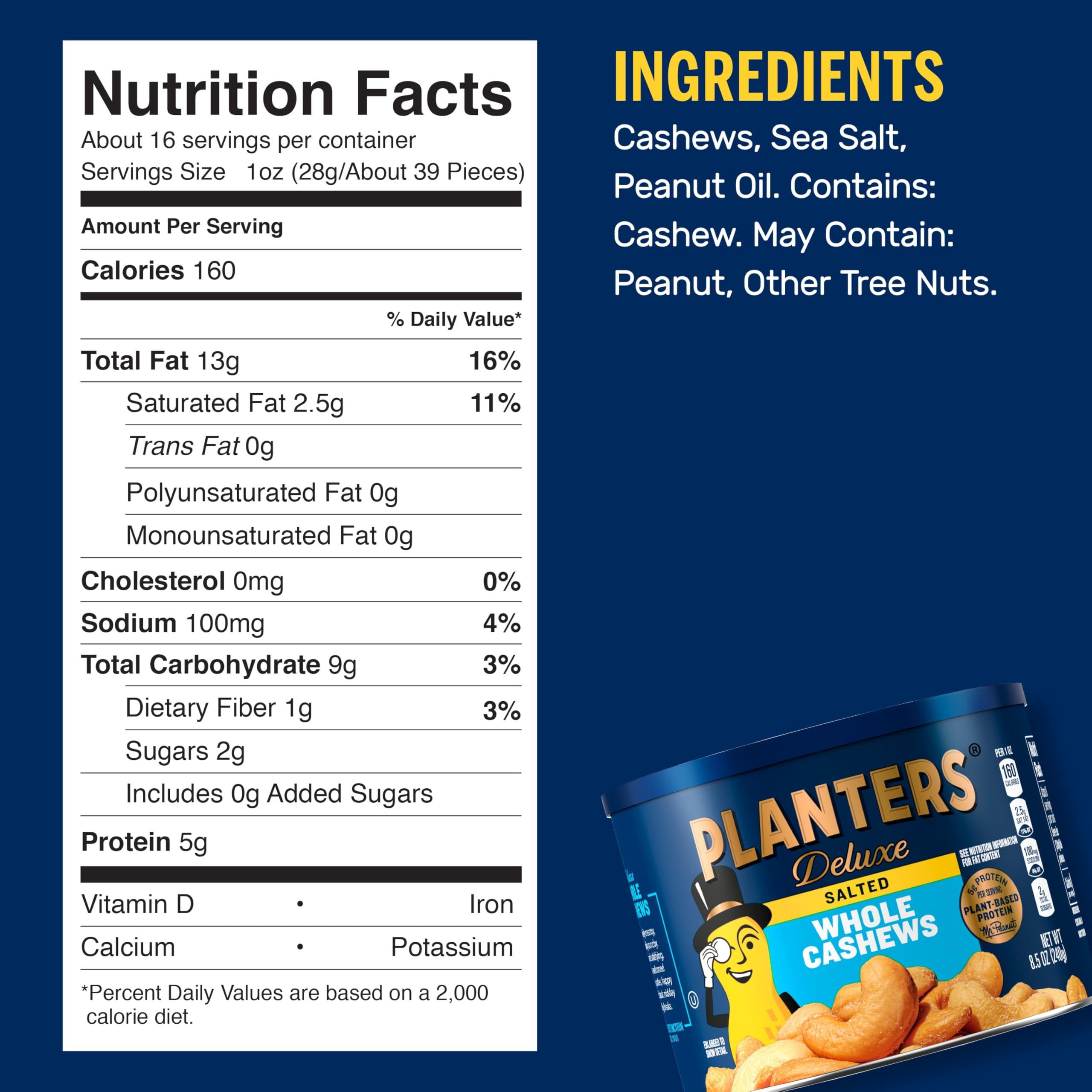PLANTERS Deluxe Lightly Salted Whole Cashews, 18.25 oz. Resealable Container - Lightly Salted Cashews & Lightly Salted Nuts - Snacks for Adults & Kids - Vegan Snacks, Kosher