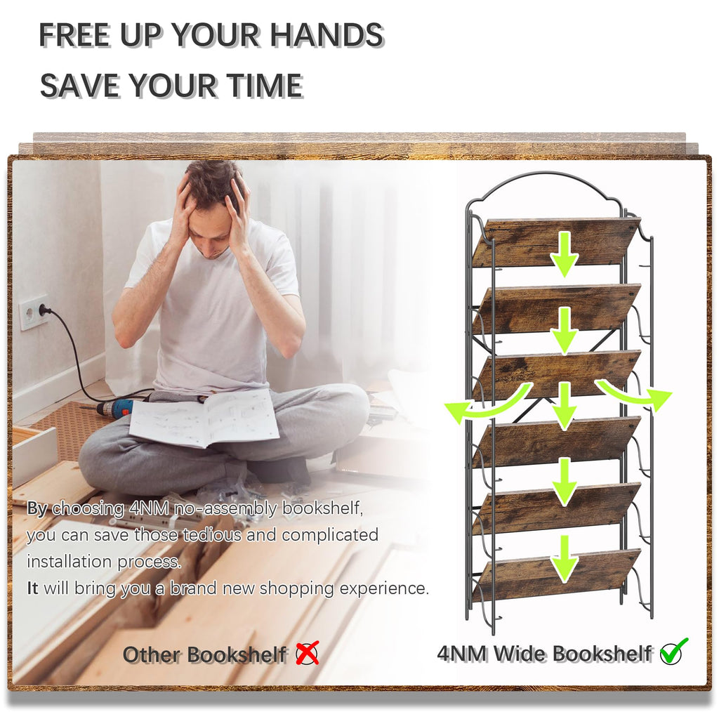4NM No Assembly Folding Bookshelf, 3 Tiers Collapsible Book Shelves Open Industrial Foldable Storage Bookcase Shelf for Bedroom, Living Room, Home Office - Natural and White