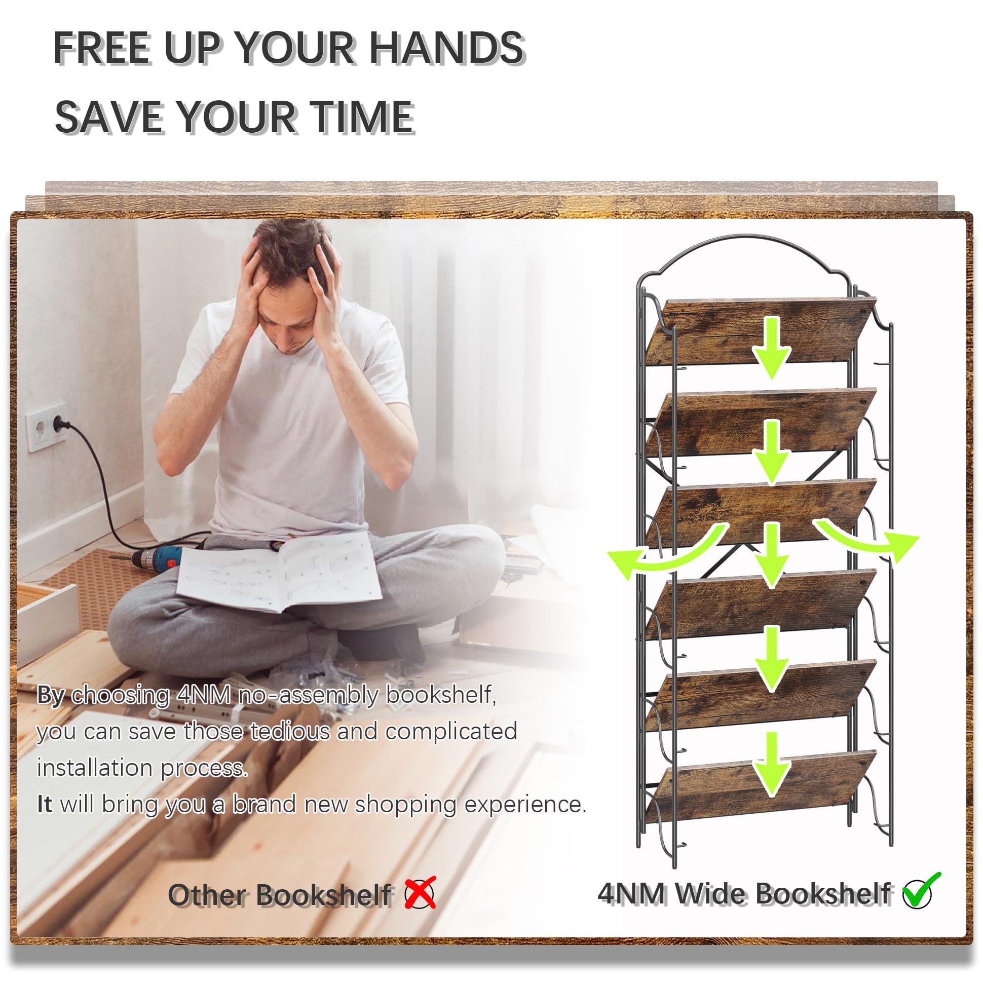4NM No Assembly Folding Bookshelf, 3 Tiers Collapsible Book Shelves Open Industrial Foldable Storage Bookcase Shelf for Bedroom, Living Room, Home Office - Natural and White