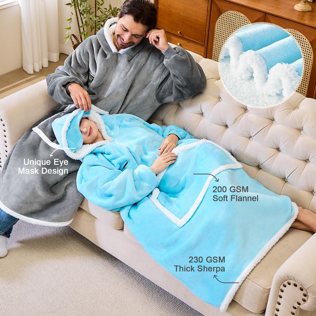 IFNOW Wearable Blanket Hoodie, Oversized Sherpa Fleece Hooded Sweatshirt with Eye Mask, Cozy and Giant Blanket Hoodie with Sleeves Extra Long for Adults Men Women, Black