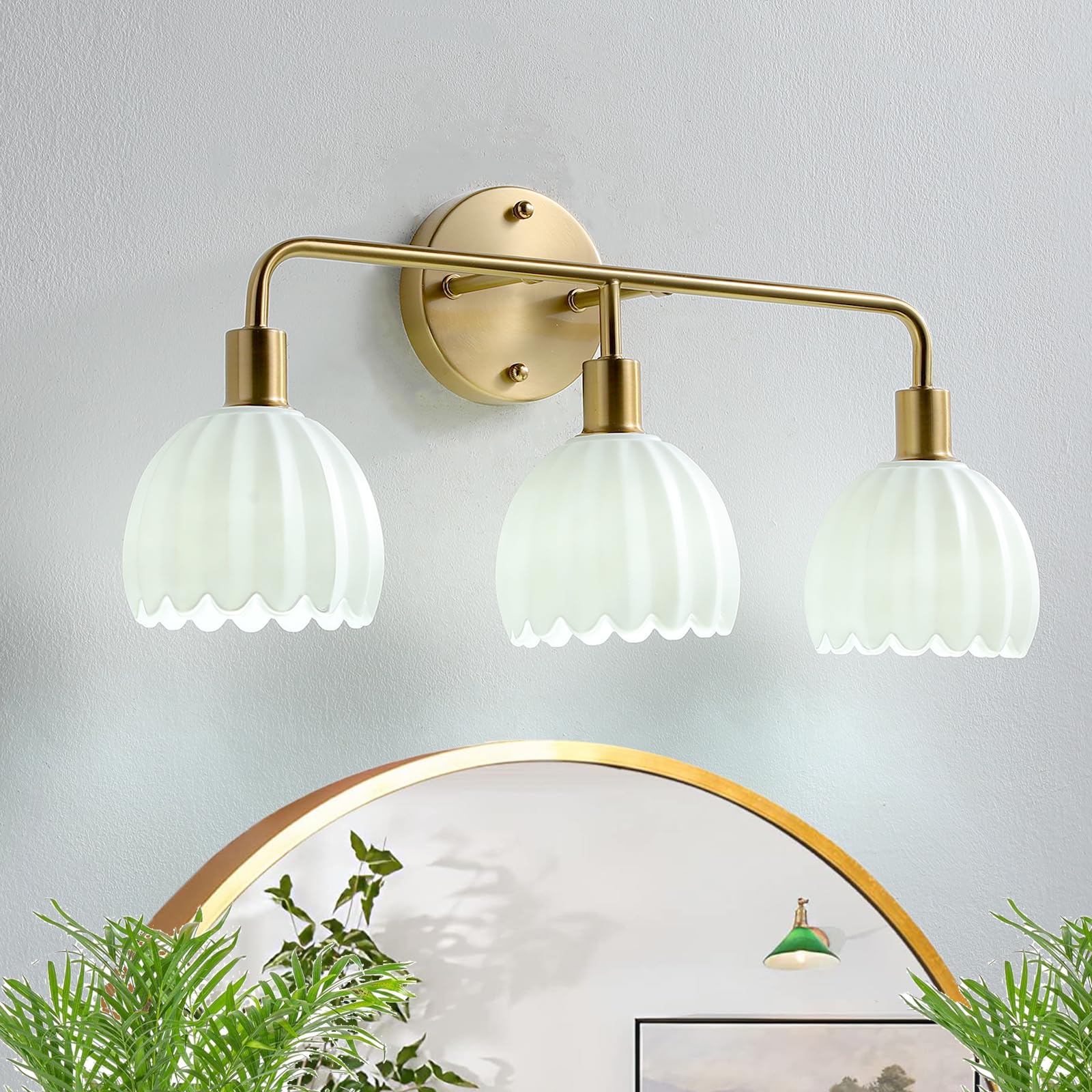 1-Light Gold Brass Bathroom Light Fixture,Wall Sconces set of 2,Brushed Gold Vanlity Light Over Mirror,Bathroom Vanity Light with White Tulip Glass Flower Shade,E26 Socket(Bulbs Not Included)