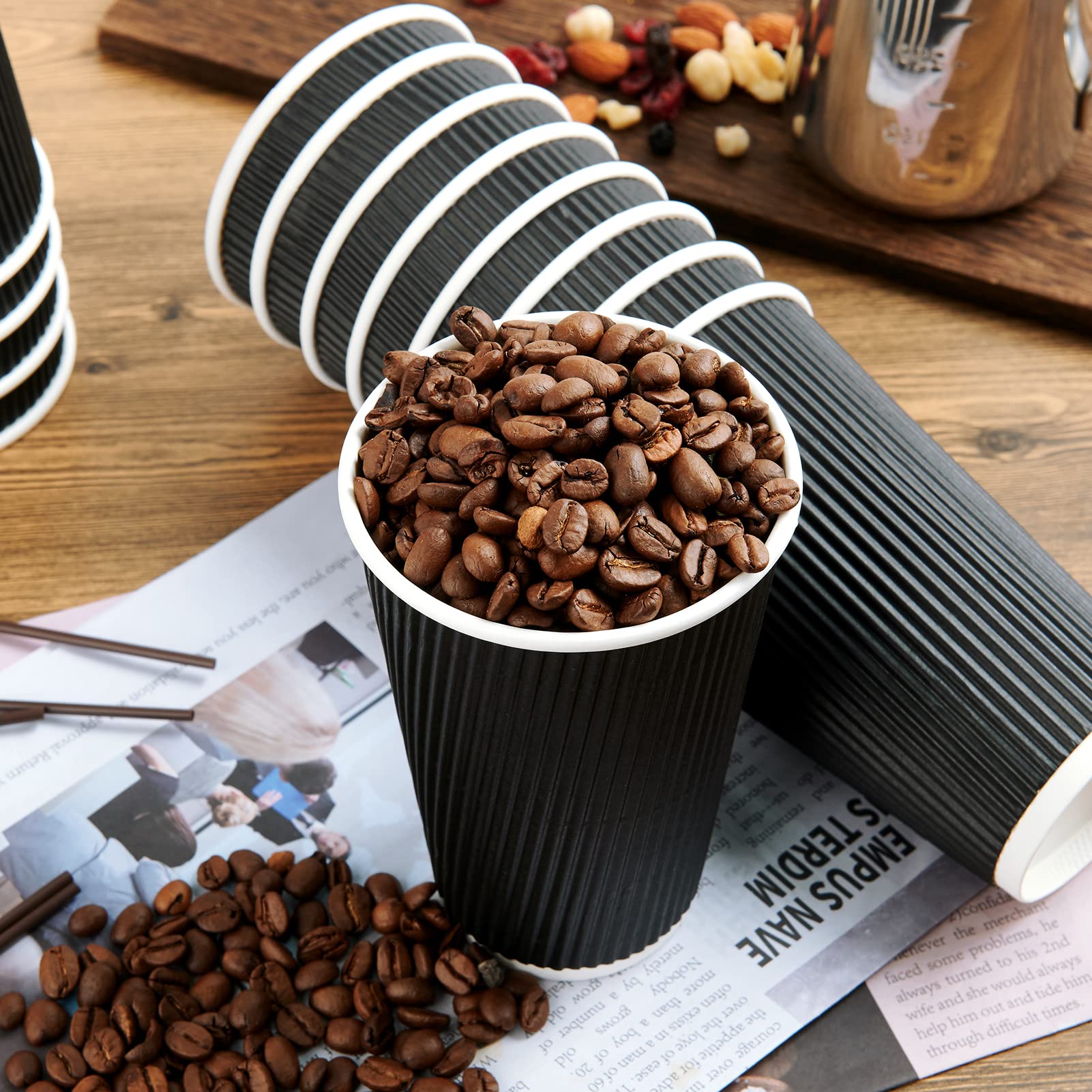 JollyPack 60 Pack 12 oz Paper Coffee Cups, Black Disposable Beverage Cups with Insulated Ripple Wall for Coffee, Tea, and Hot Chocolate