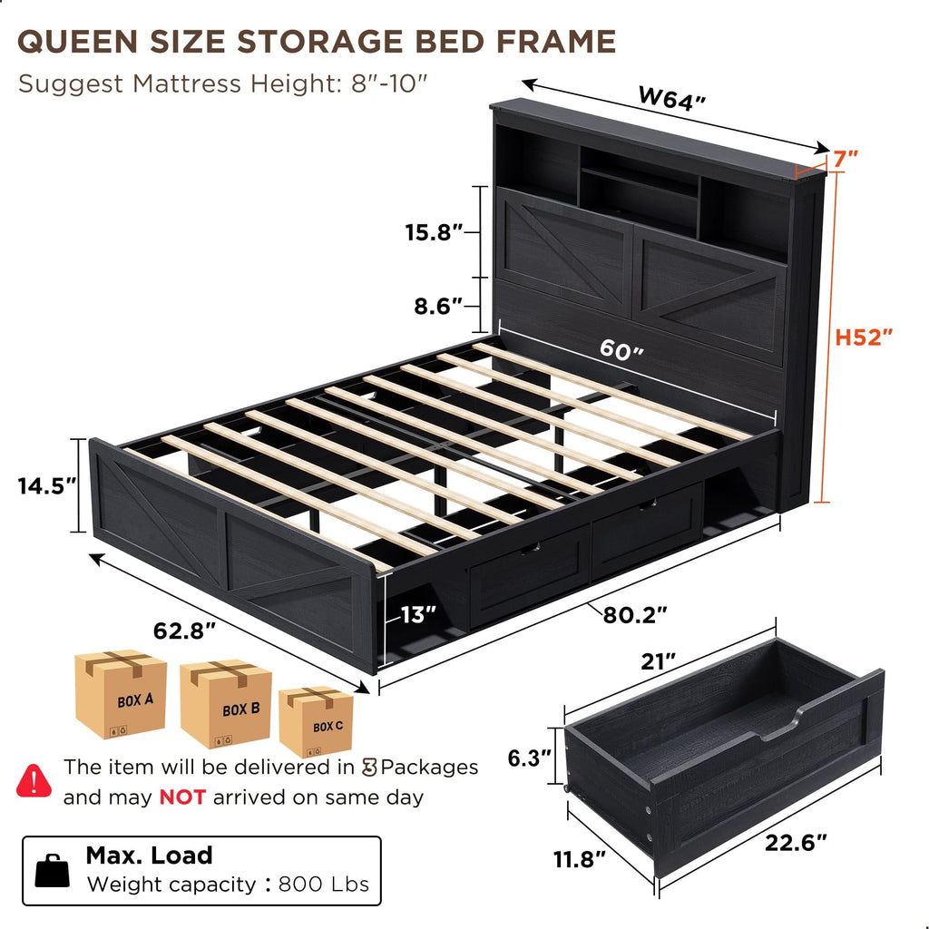 ACCOHOHO Queen Size Wood Bed Frame Farmhouse with 52" Tall Storage Bookcase Headboard, LED Light,Charging Station,4 Drawers and Solid Wood Slats Support,Noiseless,No Box Spring Needed - Black