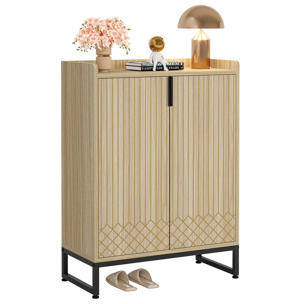 Tribesigns Modern Shoe Cabinet for Entryway, 25 Pairs Shoe Cabinet with Doors, Wood 5-Tier Shoe Organizer, Freestanding Brown Shoe Storage Cabinets with Black Metal Frame for Bedroom Living Room