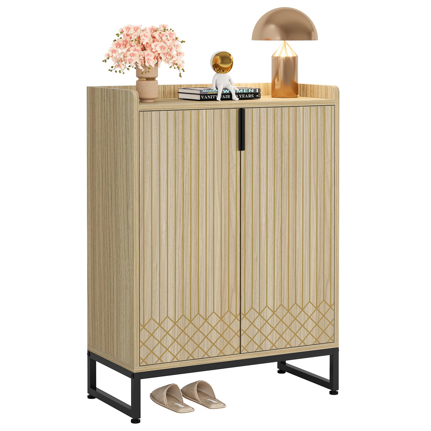 Tribesigns Modern Shoe Cabinet for Entryway, 25 Pairs Shoe Cabinet with Doors, Wood 5-Tier Shoe Organizer, Freestanding Brown Shoe Storage Cabinets with Black Metal Frame for Bedroom Living Room