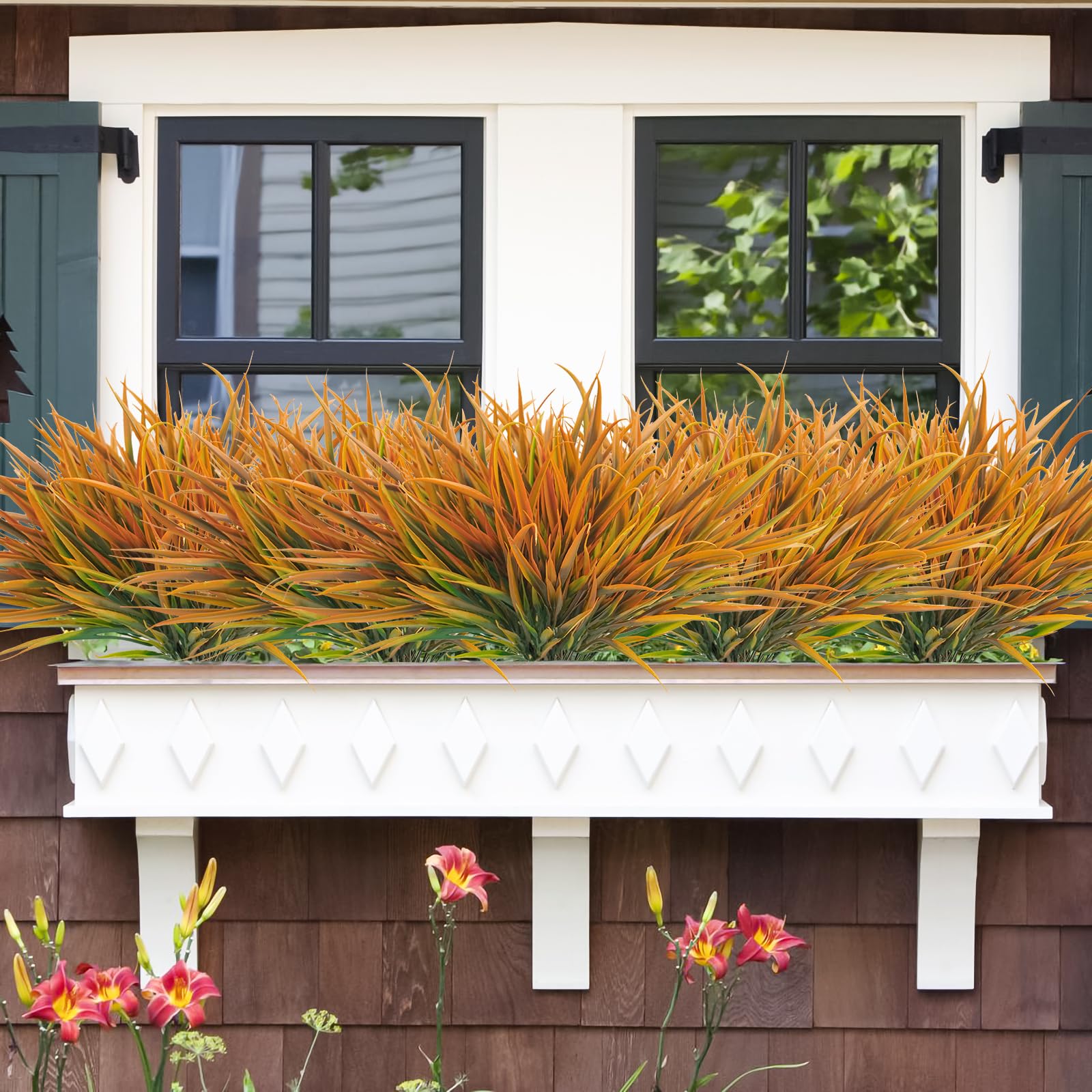 Uieke 28 Bundles Artificial Outdoor Plants UV Resistant Fake Grass Plants Faux Plastic Plants Greenery Shrubs for Home Garden Pathway Window Box Front Porch Cemetery Fall Decor, Autumn Red