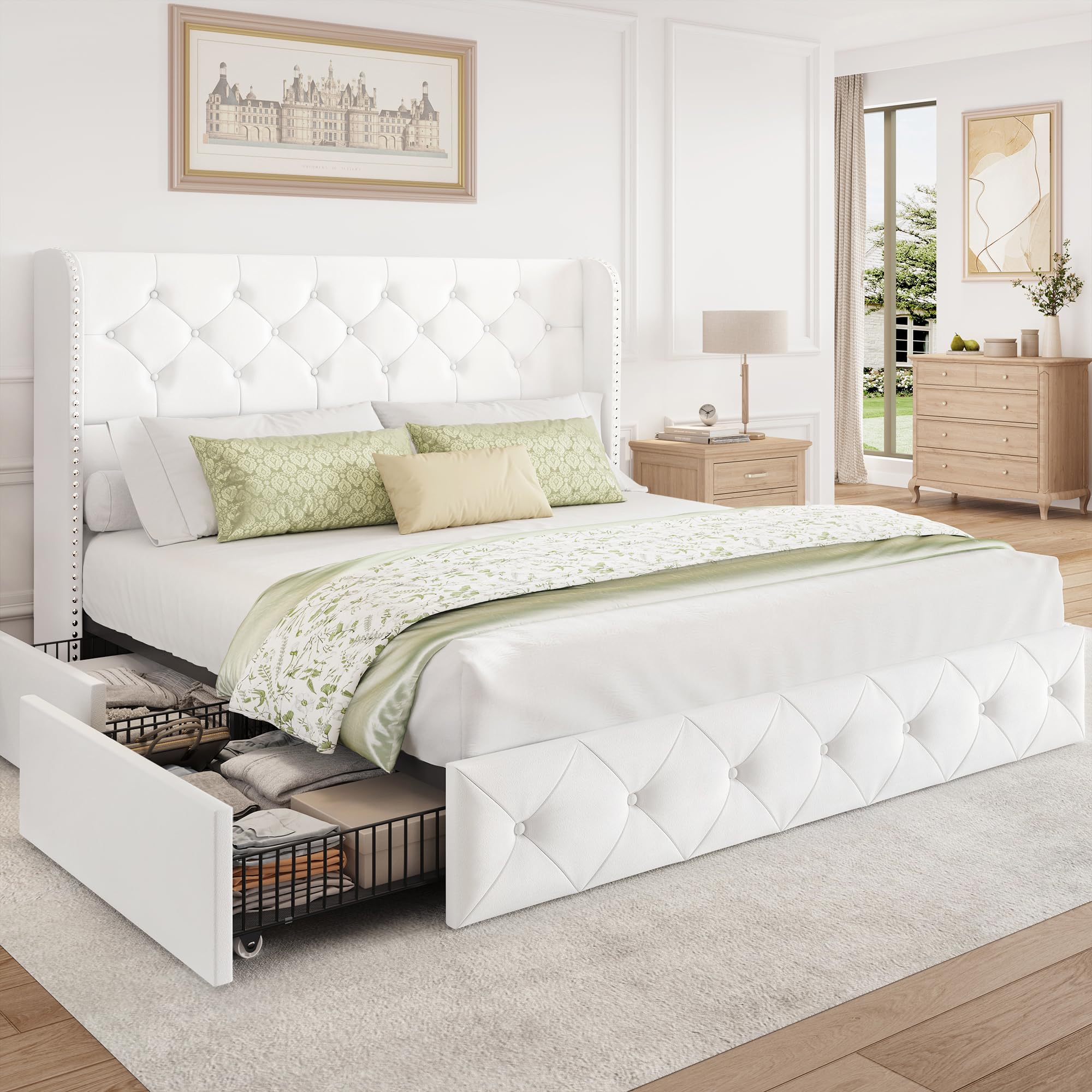 BRELTAM Full Size Bed Frame with Storage Drawers and Wingback Headboard Linen Upholstered Platform Bed Frame Tufted Beds with Heavy Duty Wood Slats, Noise Free, Easy Assembly, Beige