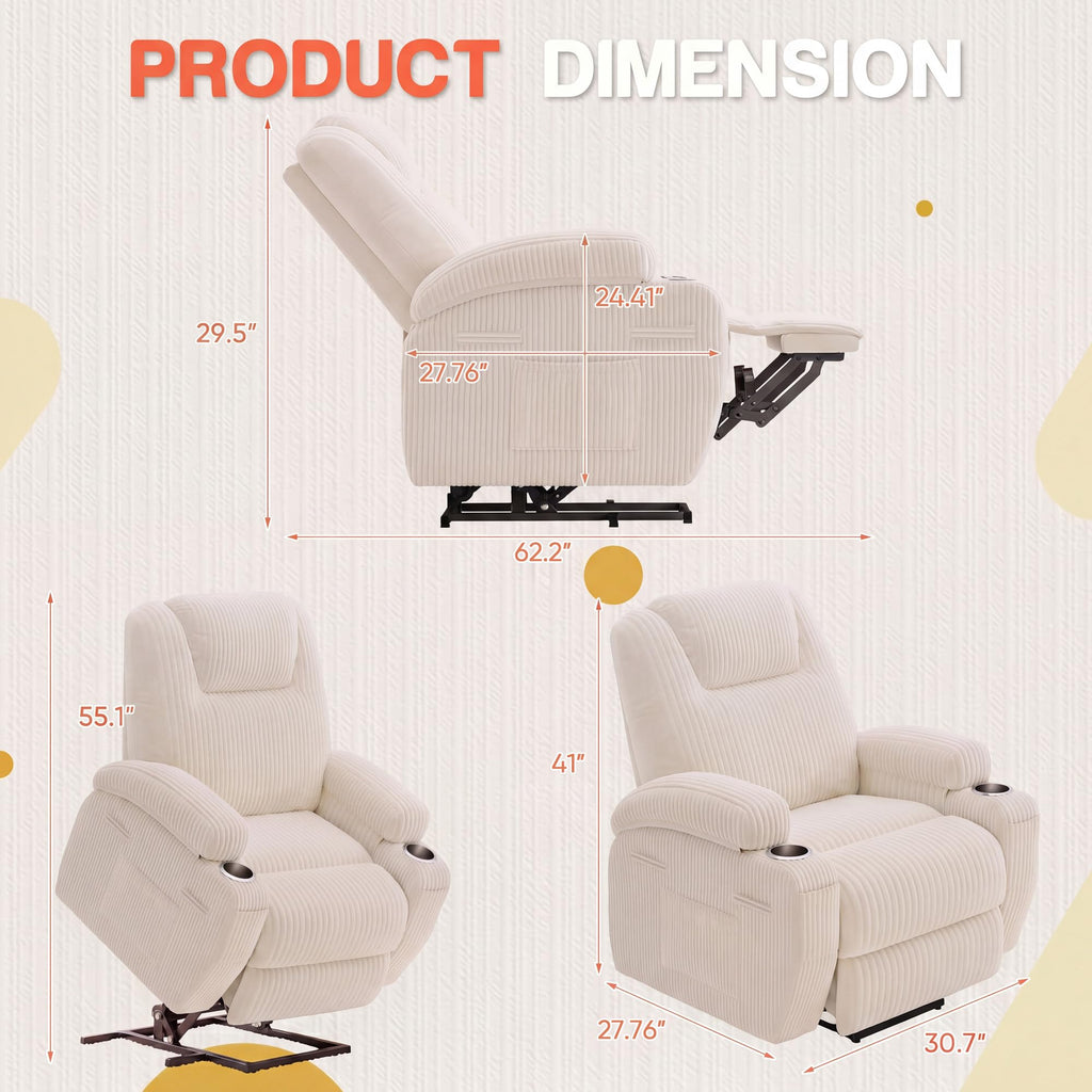 Furmax Electric Power Lift Recliner Chair with Massage for Elderly Corduroy Fabric Recliner Single Sofa with Cup Holders, Side Pockets and Remote Control for Living Room Bedroom (Leathaire, Brown)