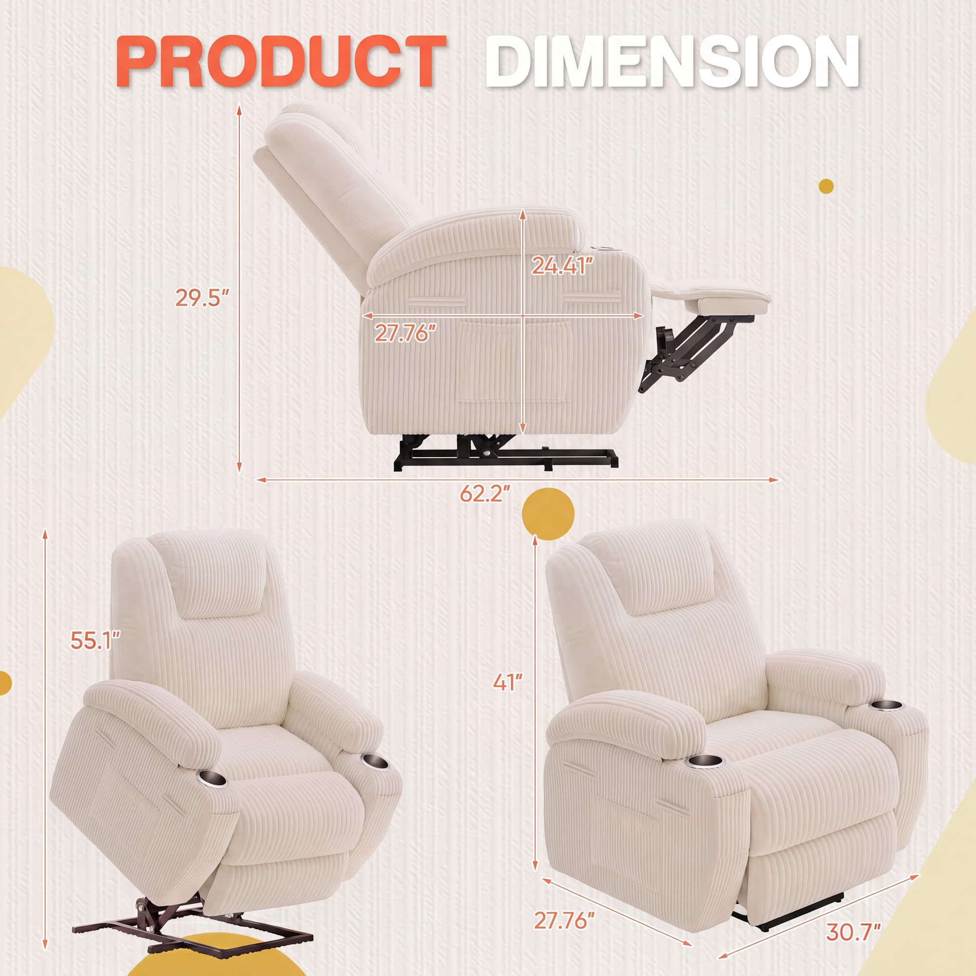 Furmax Electric Power Lift Recliner Chair with Massage for Elderly Corduroy Fabric Recliner Single Sofa with Cup Holders, Side Pockets and Remote Control for Living Room Bedroom (Leathaire, Brown)