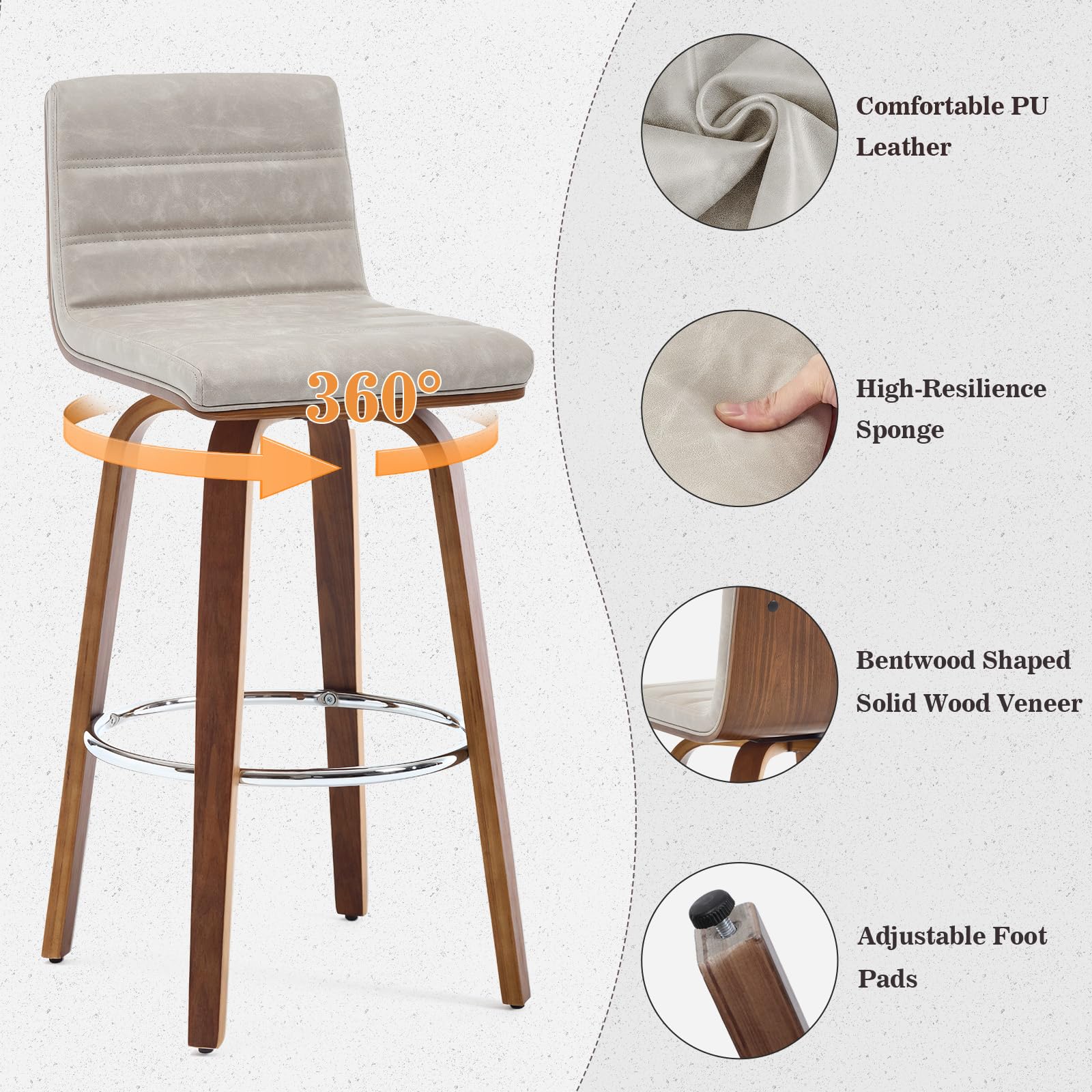 Bar Stools 29 Inch Bar Height, Swivel Bar Stools with Backs Upholstered PU Leather Barstool, L Shape Back and Padded Seat, Mid-Century Modern Bar Stool Pub Chairs for Kitchen Counter Island, Black