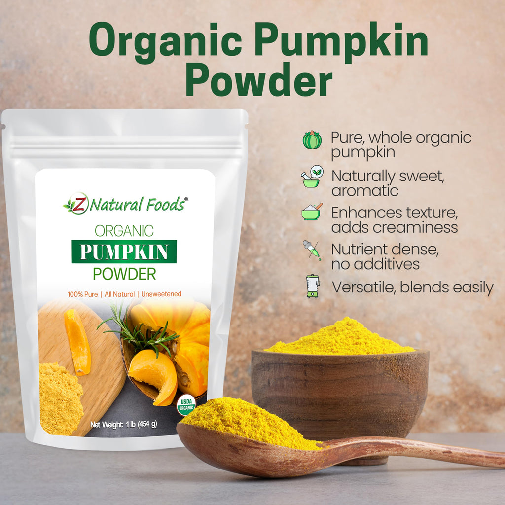 Z Natural Foods Organic Pumpkin Powder - Pure Powdered Pumpkin for Delicious Pumpkin Spice Latte, Baking, Smoothies, Juice, Puree - Dried Sweet Vegan Pumpkin Powder, Gluten Free, Kosher, 1 lb