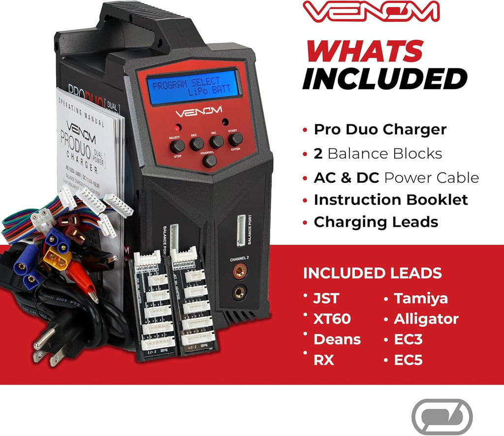 Venom Power Pro Duo LiPo Battery Charger - LCD Screen, Charging Leads - Balance Charger & Discharger for LiPo, LiHV, Li-Ion, Life, NiMH, NiCD, Pb Batteries - Power Supply for 1S- 6S, Drone & RC Cars