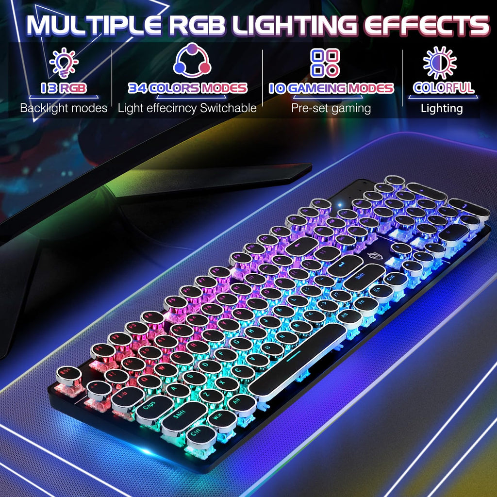 YSCP Typewriter Style Mechanical Gaming Keyboard RGB Backlit Wired with Blue Switch Retro Round Keycap 104 Keys Keyboard (R-Black)