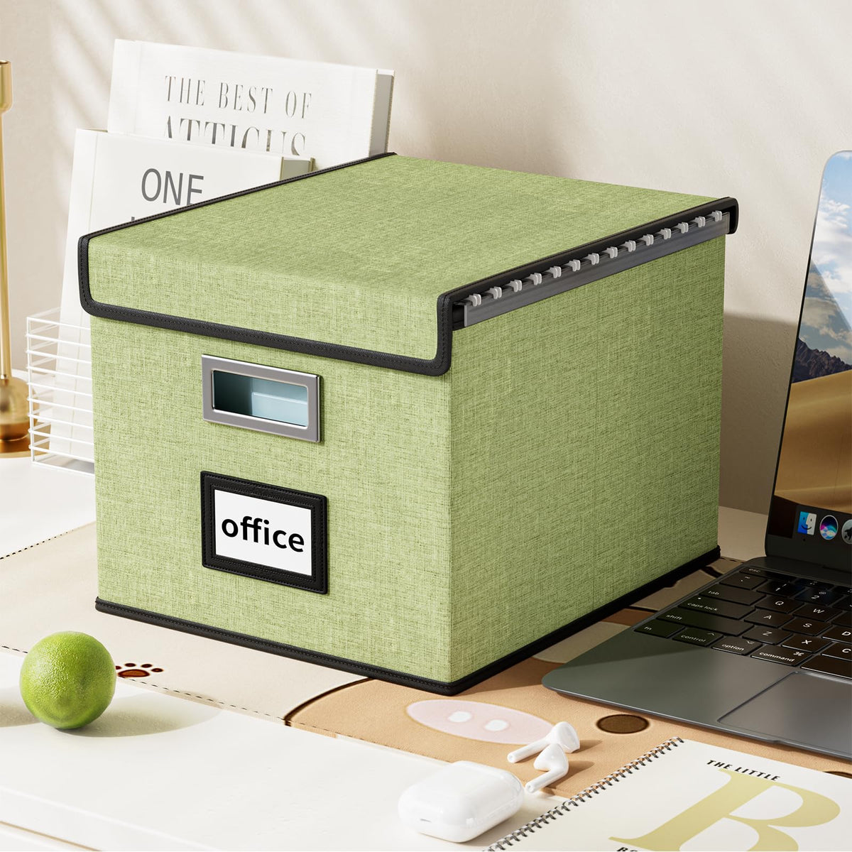 File Organizer Box with Lid, Collapsible Faux Leather Hanging File Folder Box Organizer with Plastic Slides, Decorative Home/Office Filing System Boxes for File and Folders Storage
