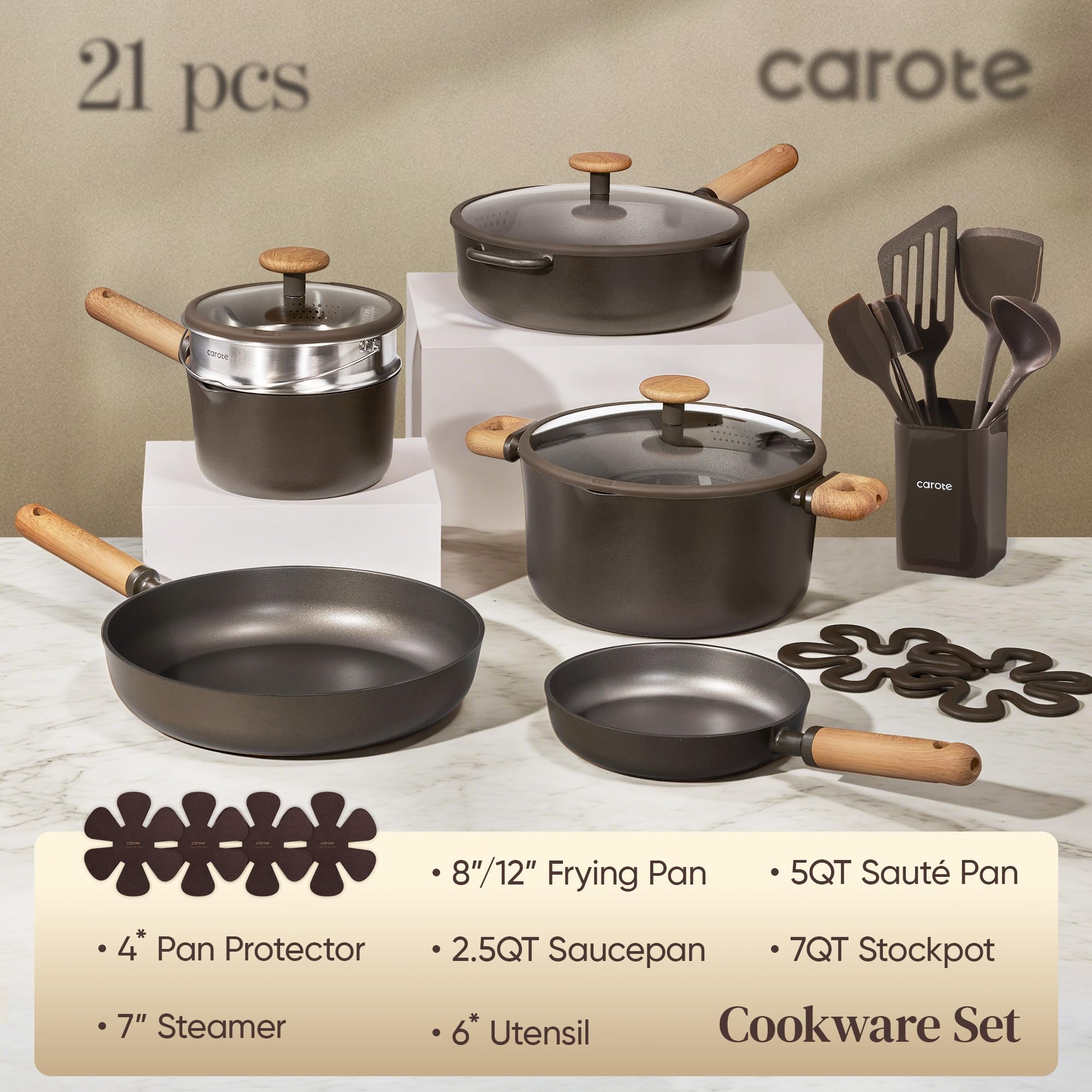 CAROTE 14Pcs Pots and Pans Set Non Stick, Cookware Sets Induction Cookware Granite Cooking Set with Frying Pans, Saucepans, Saute Pan, Extra Large Casserole