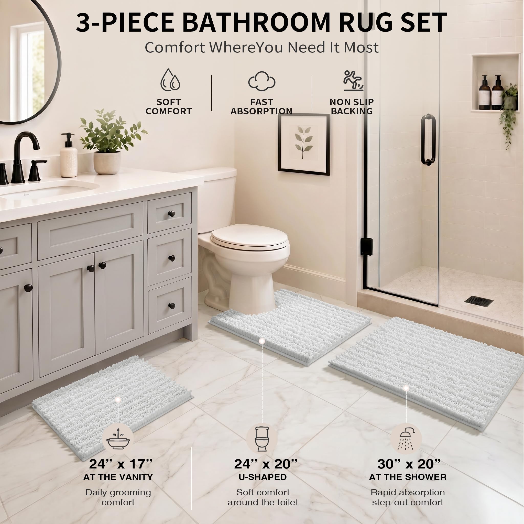 Yimobra Black Bathroom Rug Set 3 Piece - Super Absorbent Quick Dry Chenille Bath Mats & Toilet Rug, Non Slip Machine Washable, Extra Thick Shaggy Floor Mat for Shower Tub Sink