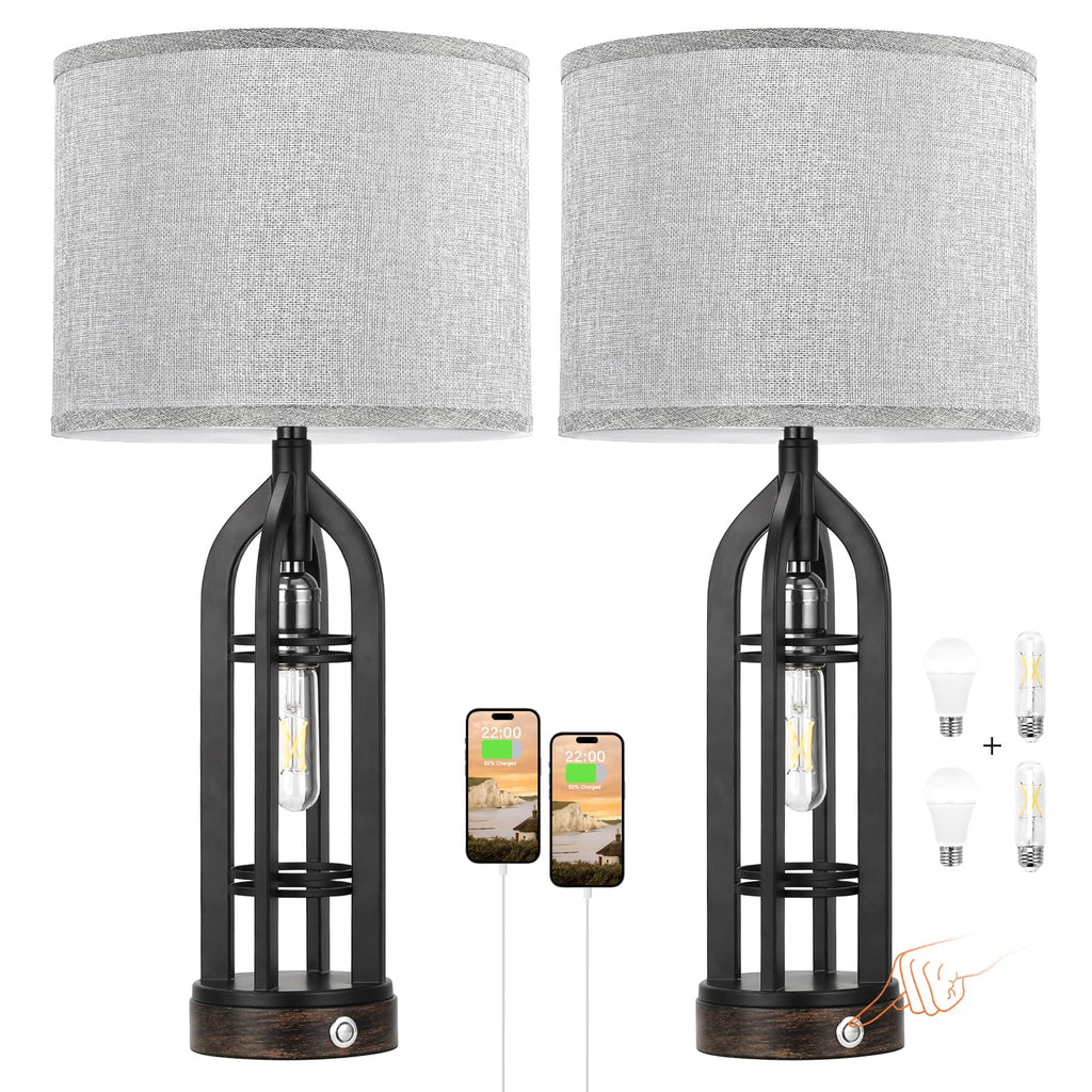 Seealle Table Lamp for Living Room Set of 2 - Wood-Like Bedside Lamp for Bedroom with USB C+A & Outlet, Farmhouse Lamps for Night Stands, 3-Way Dimmable Touch Lamps for Living Room