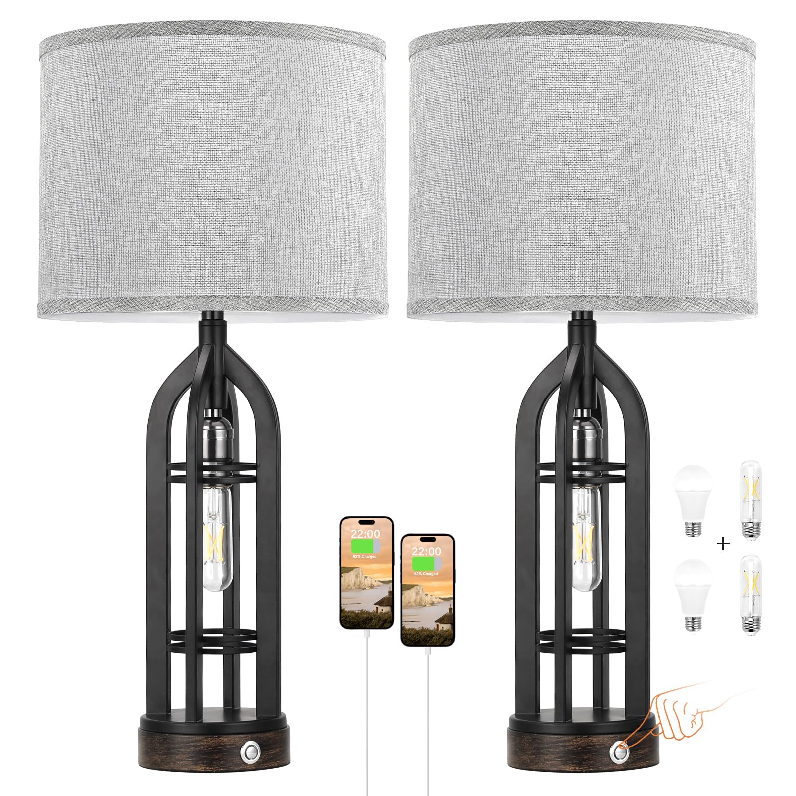 Seealle Table Lamp for Living Room Set of 2 - Wood-Like Bedside Lamp for Bedroom with USB C+A & Outlet, Farmhouse Lamps for Night Stands, 3-Way Dimmable Touch Lamps for Living Room