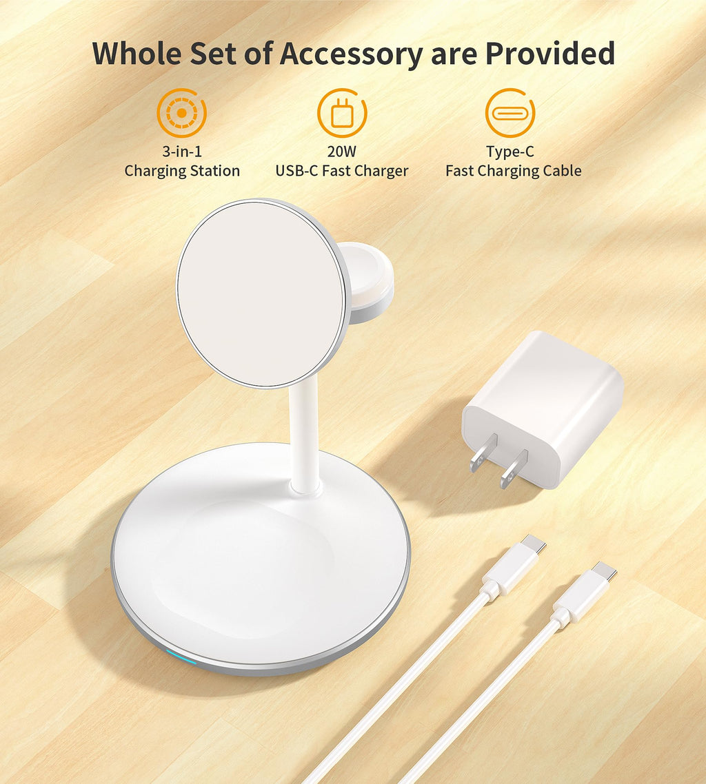 XooFly 3 in 1 Wireless Charging Station for Apple Devices, Fast Wireless Mag-Safe Charger Stand with 20W Adapter for iPhone 17/16 15 14 13 12 Pro Max/Pro/Plus/Air/Mini, iWatch, AirPods (Black)
