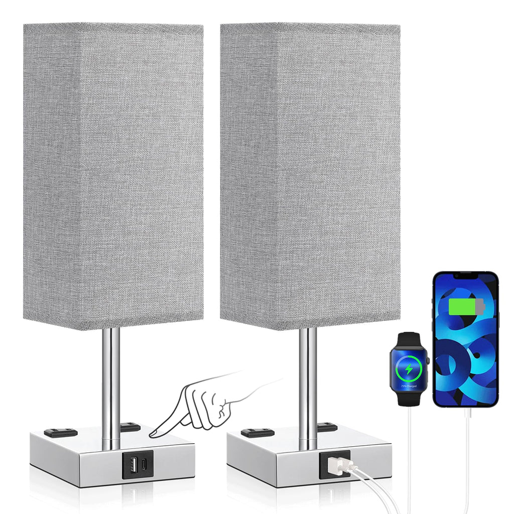 aooshine Set of 2 Touch Nightstand Lamp with USB-C+A Charge Ports& AC Outlets, 3-Way Dimmable Bedside Lamp with White Fabric Shade,Small Table Lamp for Bedroom Guest Room(Bulb Included)