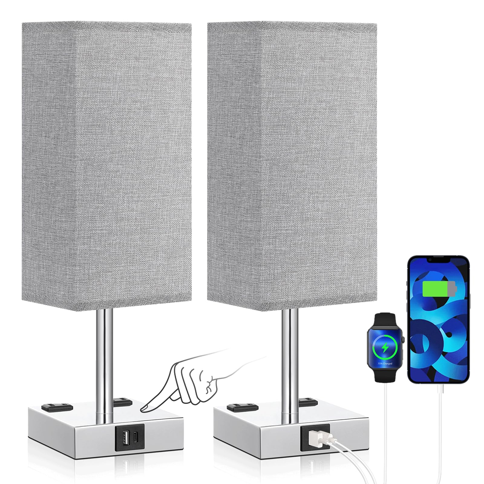 aooshine Set of 2 Touch Nightstand Lamp with USB-C+A Charge Ports& AC Outlets, 3-Way Dimmable Bedside Lamp with White Fabric Shade,Small Table Lamp for Bedroom Guest Room(Bulb Included)