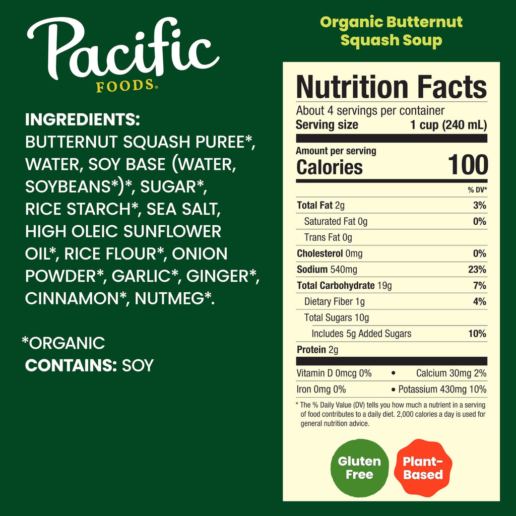 Pacific Foods Light in Sodium Organic Butternut Squash Soup, 32 oz Carton (Pack of 2)