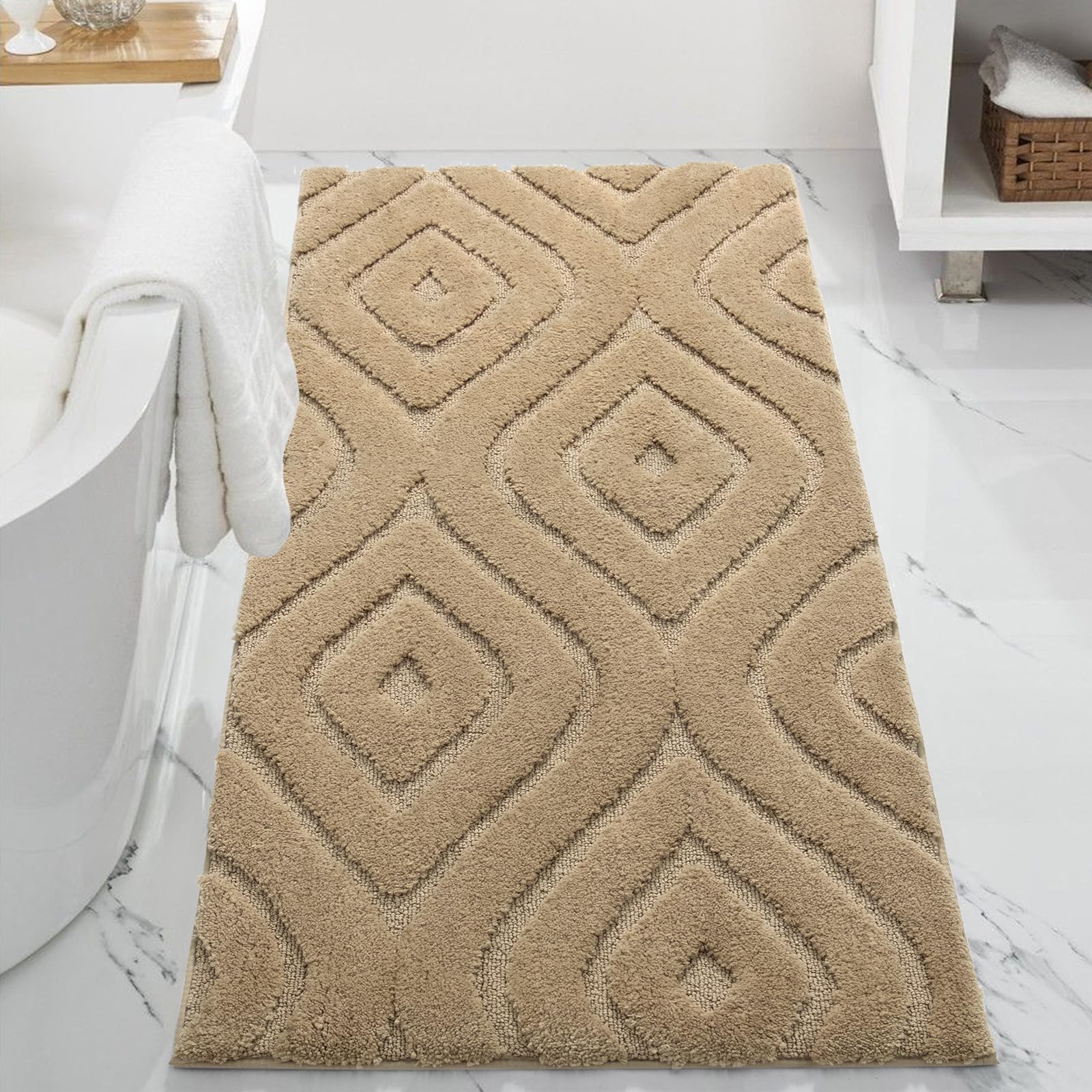 DEXDE Bathroom Rugs Runner 24x47 Long Bath Rug Non Slip Soft Washable Large Bath Mats for Bathroom Bedroom Hallway Kitchen Floor Carpet Modern Boho Decor, Beige