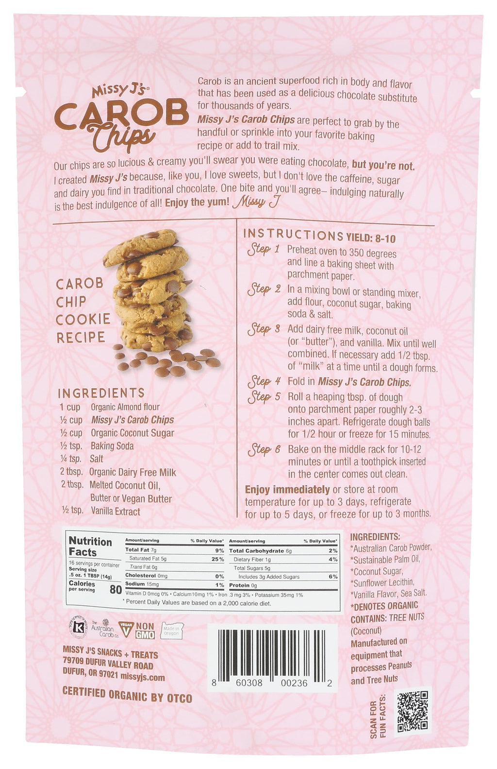 Missy J's Organic Carob Chips 8 Ounce 1 Pack | Carob Made w/Coconut Sugar, Vegan and Gluten-Free | Healthy Caffeine Free Substitute for Chocolate, Perfect for Snacks and Treats
