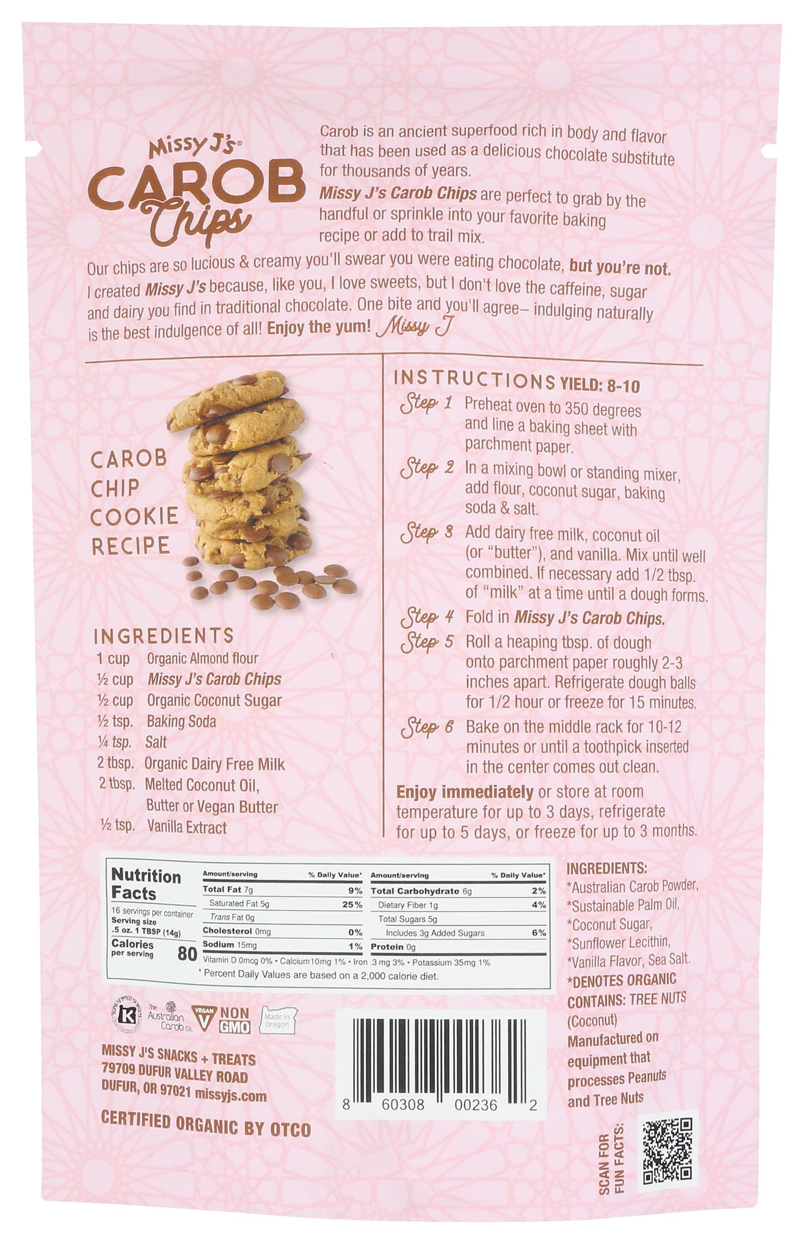 Missy J's Organic Carob Chips 8 Ounce 1 Pack | Carob Made w/Coconut Sugar, Vegan and Gluten-Free | Healthy Caffeine Free Substitute for Chocolate, Perfect for Snacks and Treats