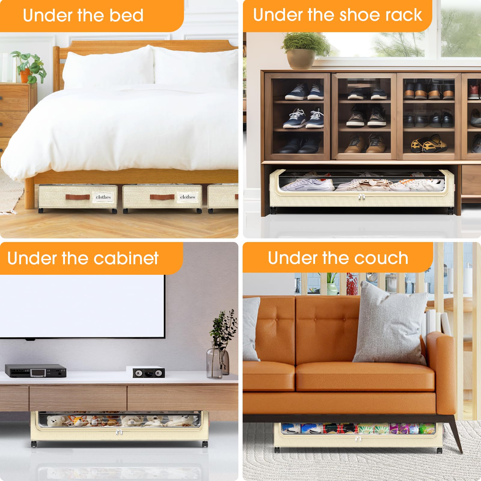 SpaceHacks Under Bed Storage with Wheels 1Pack Underbed Storage with Clear Window&Label Under Bed Drawers Large Capacity Rolling Under Bed Storage for Clothes,Shoes, Blankets (Beige)