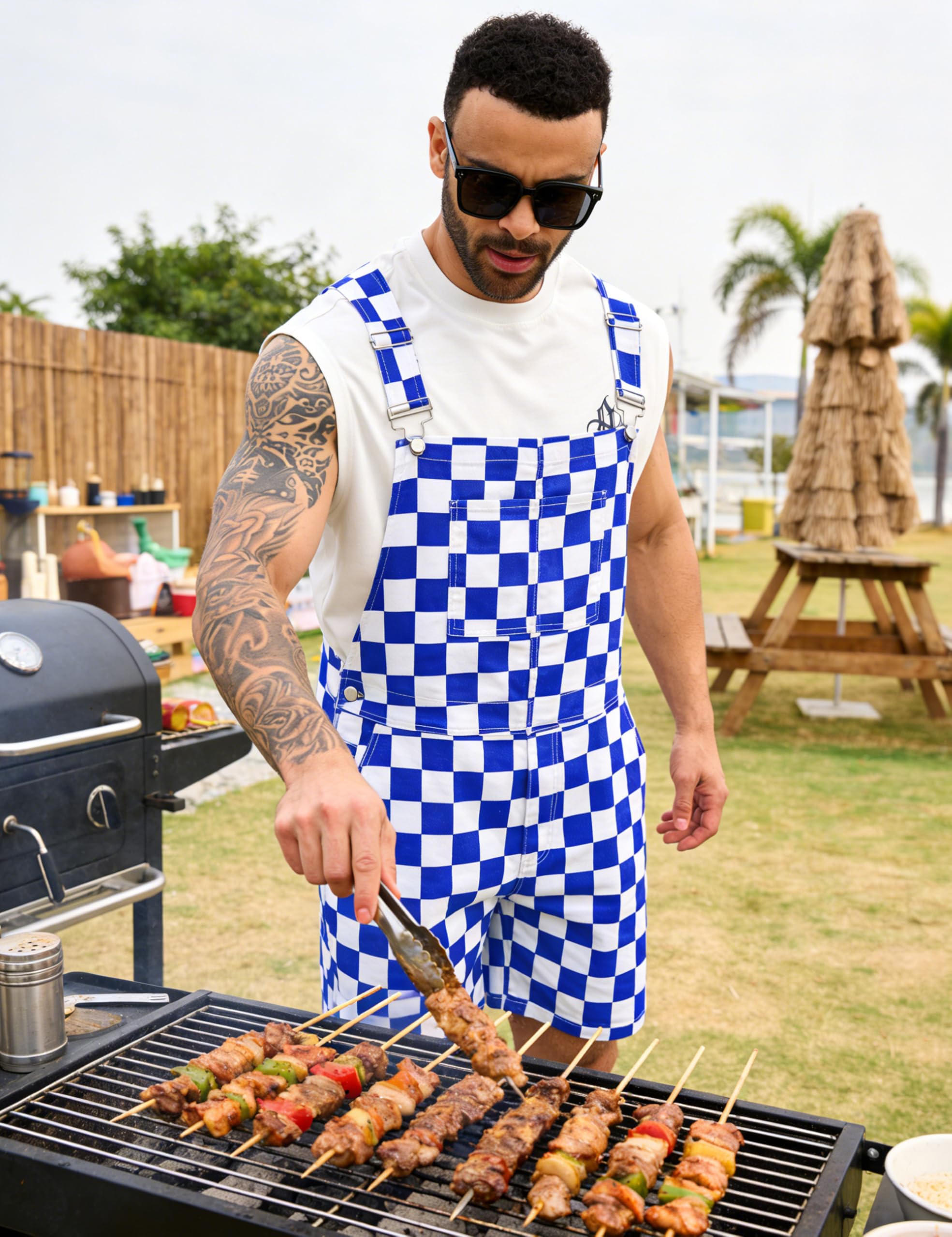 Odefou Checkered Bib Overalls for Men Jumpsuit Shorts Work Coveralls