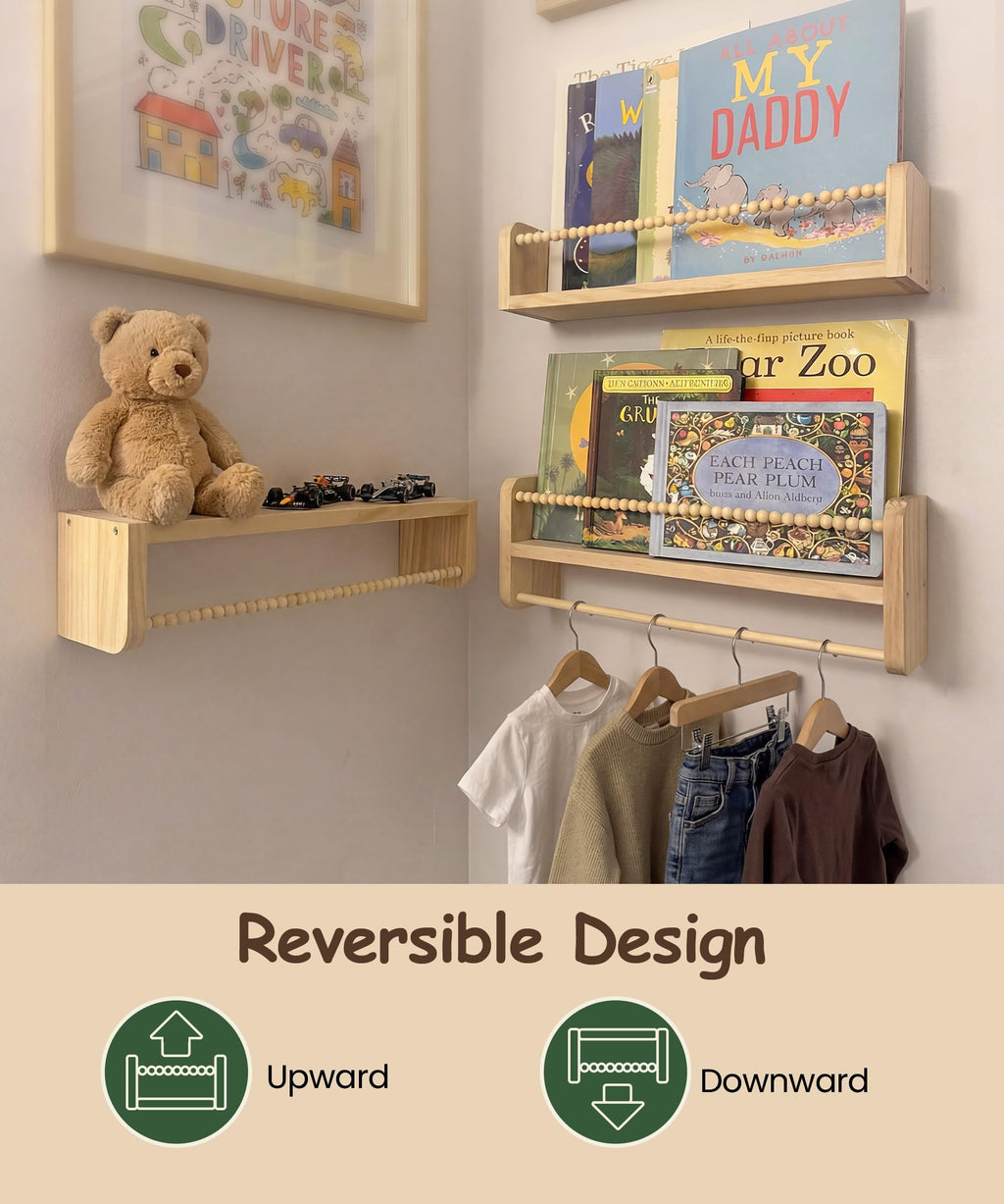 Nursery Book Shelves for Wall Set of 3, Natural Wood Bookshelves Wall Decor, Small Floating Shelf Organizer for Kids Room, Bedroom, Kitchen Spice Rack