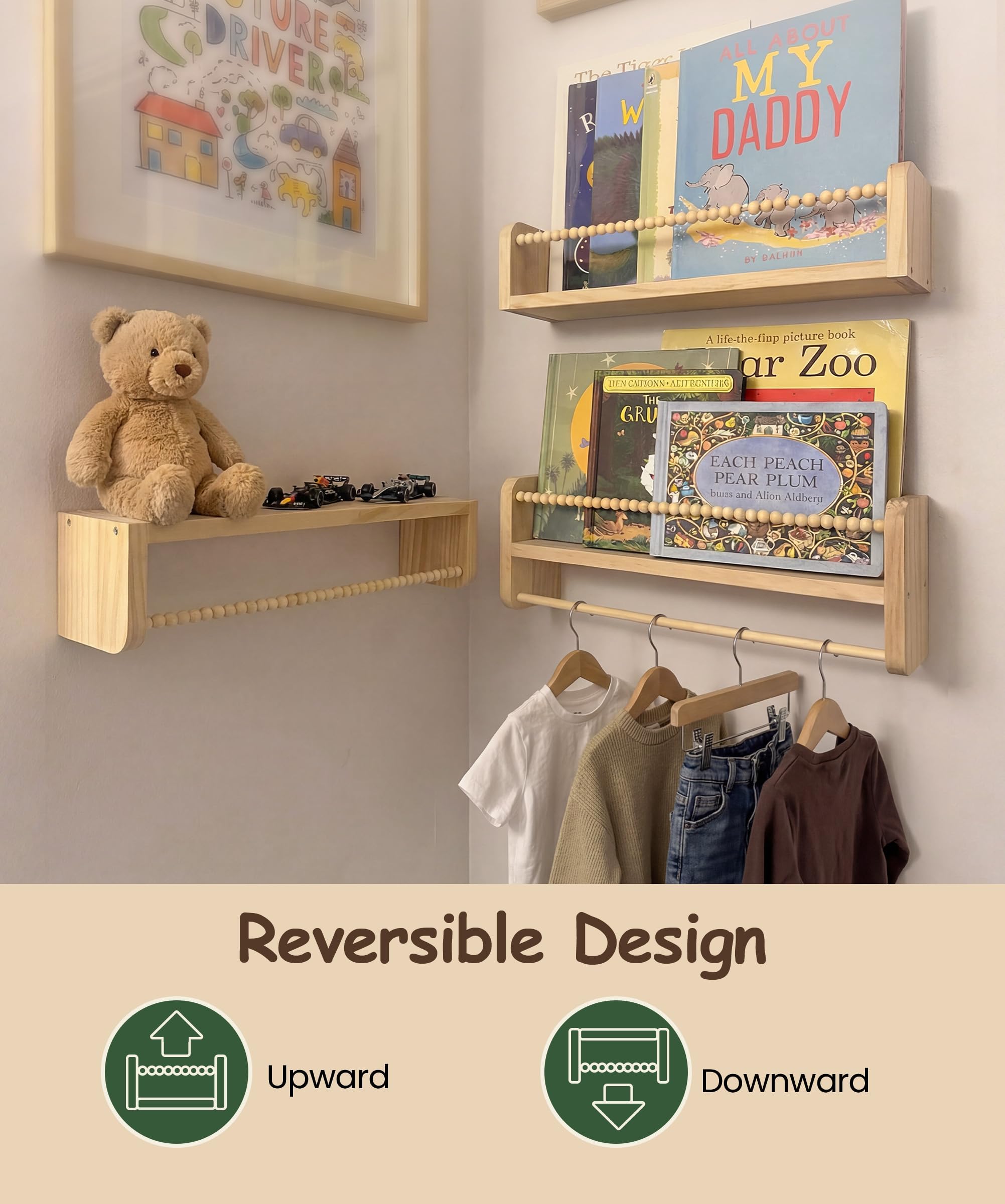 Nursery Book Shelves for Wall Set of 3, Natural Wood Bookshelves Wall Decor, Small Floating Shelf Organizer for Kids Room, Bedroom, Kitchen Spice Rack